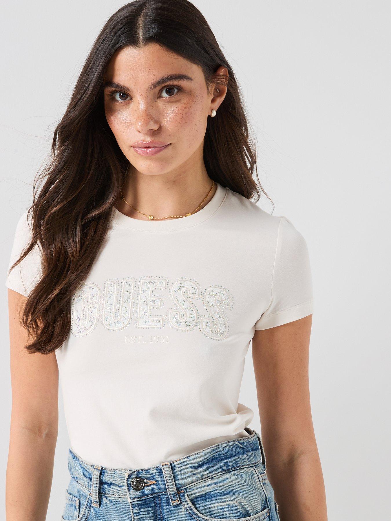 Image 4 of 6 of Guess Cn Short Sleeve Logo Lace T-Shirt - White