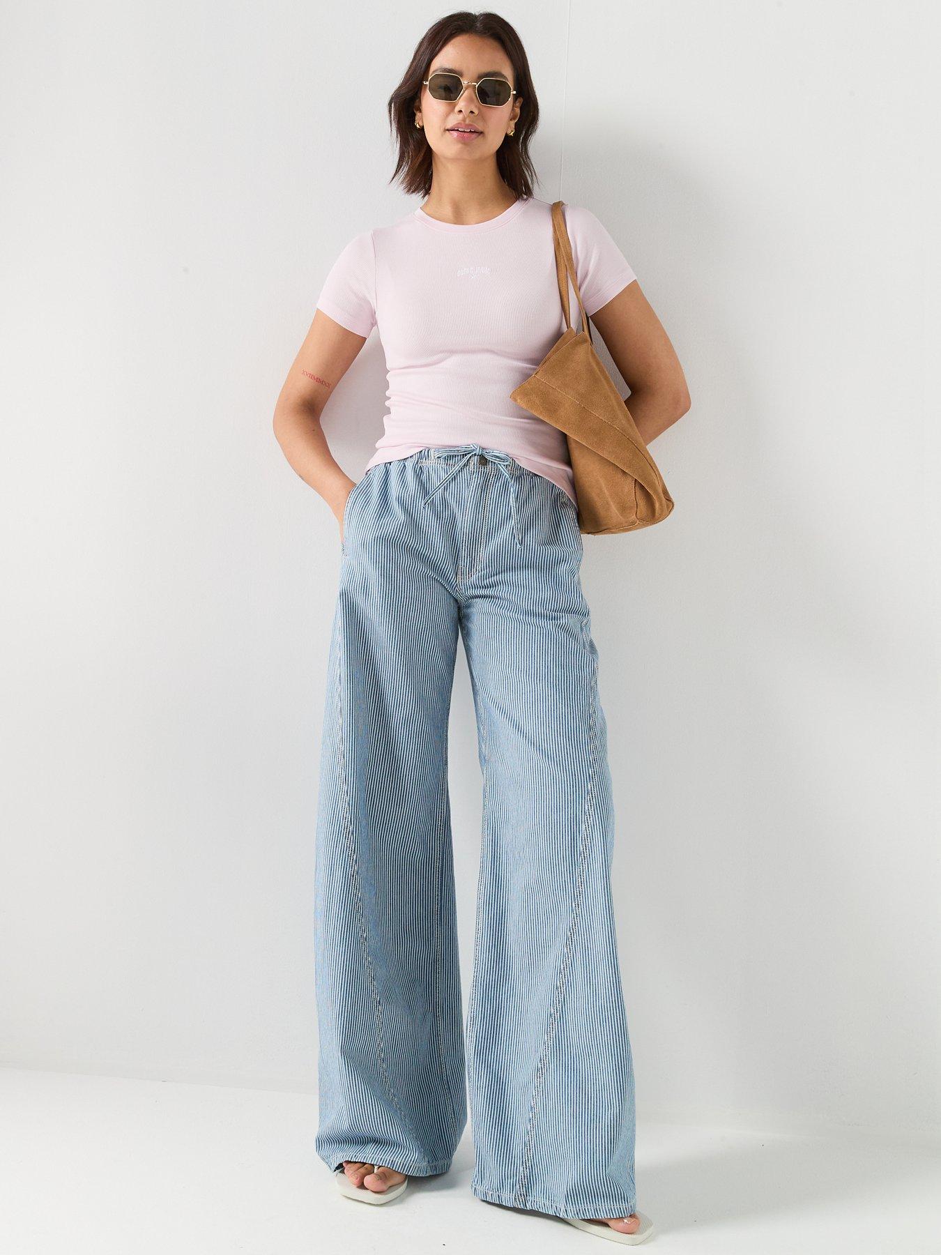 Image 3 of 4 of Guess Jeans Gj Striped Extra Wide Leg Trousers - Blue