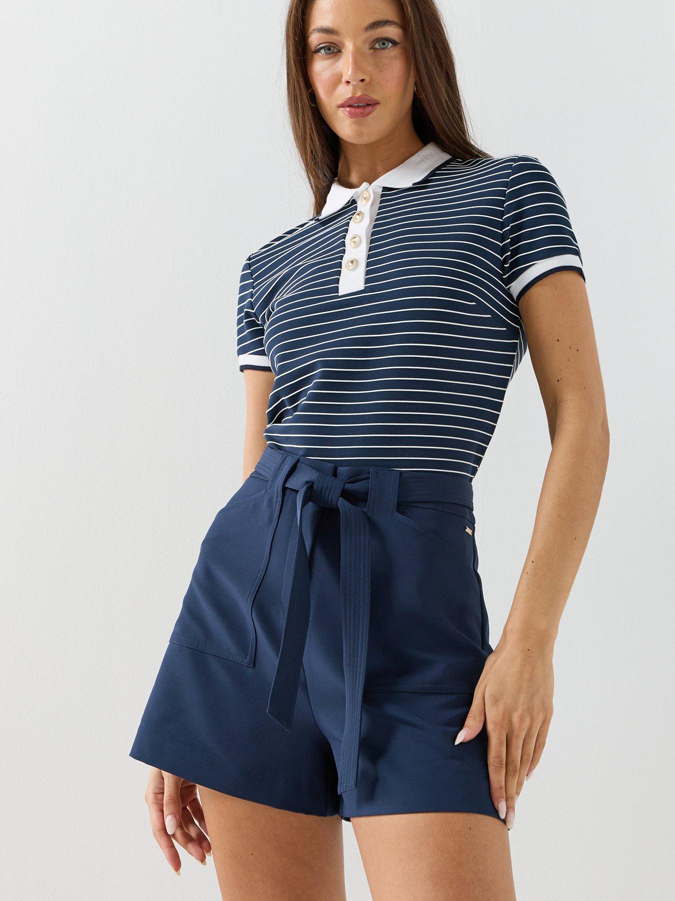 Guess Short Sleeve Striped Polo Top - Blue