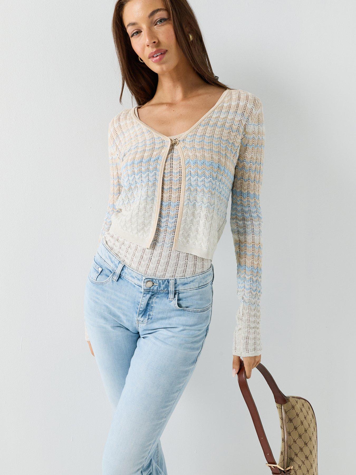 Guess Long Sleeve Chevron Knitted Cardigan - Blue