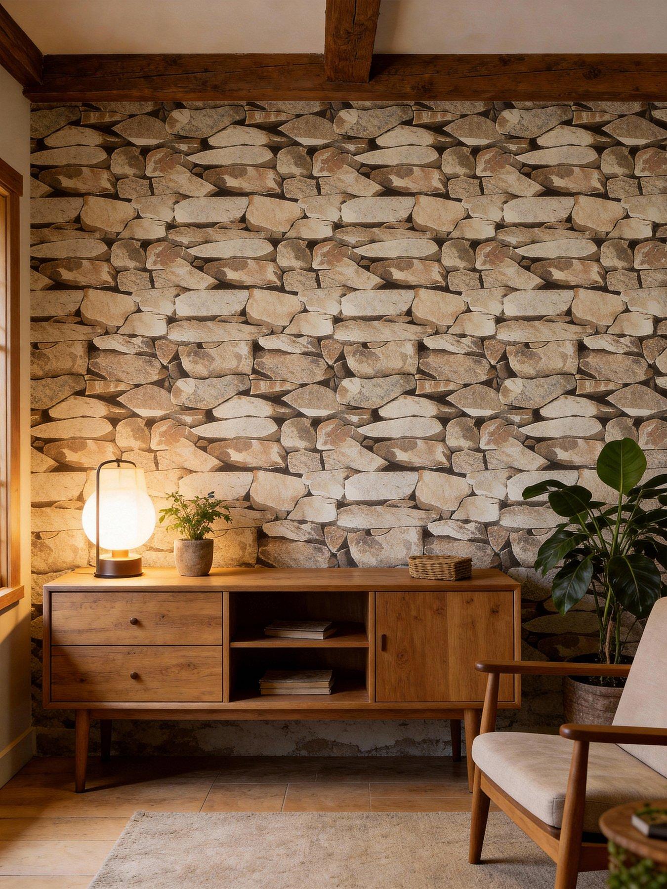 Living and Home 9.5m Rustic Stone Brick Textured PVC Wallpaper