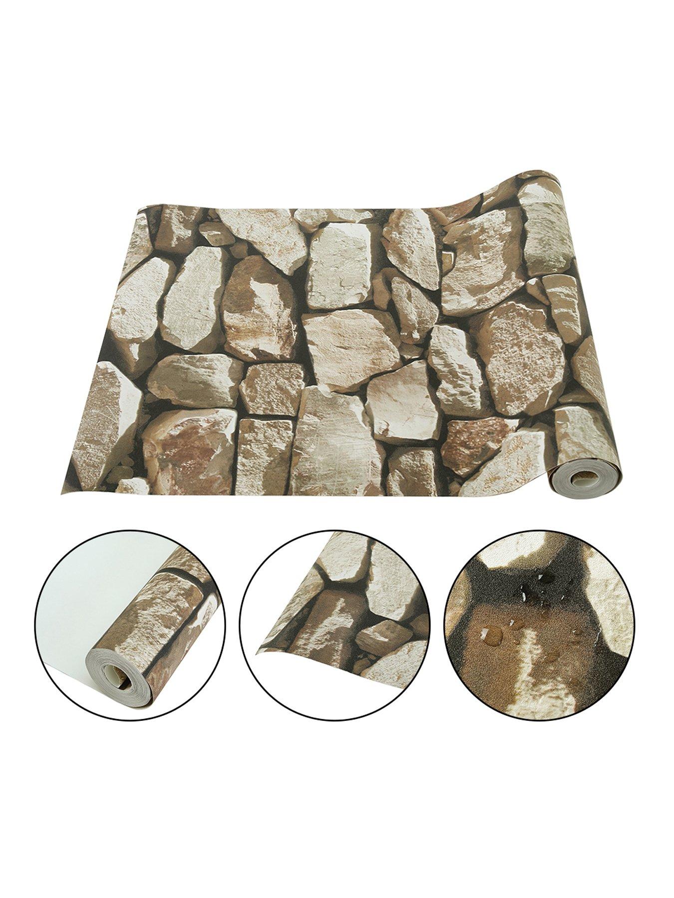 Living and Home 9.5m Rustic Stone Brick Textured PVC Wallpaper ...