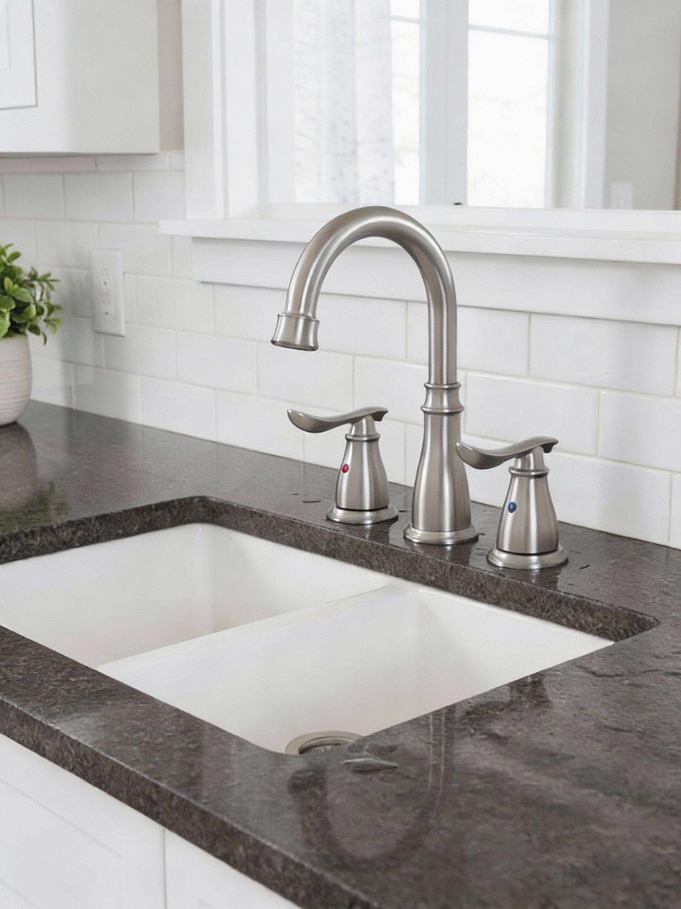 Image 1 of 7 of Living and Home Brushed Effect Double Handle Bathroom Sink Faucet with Drainer