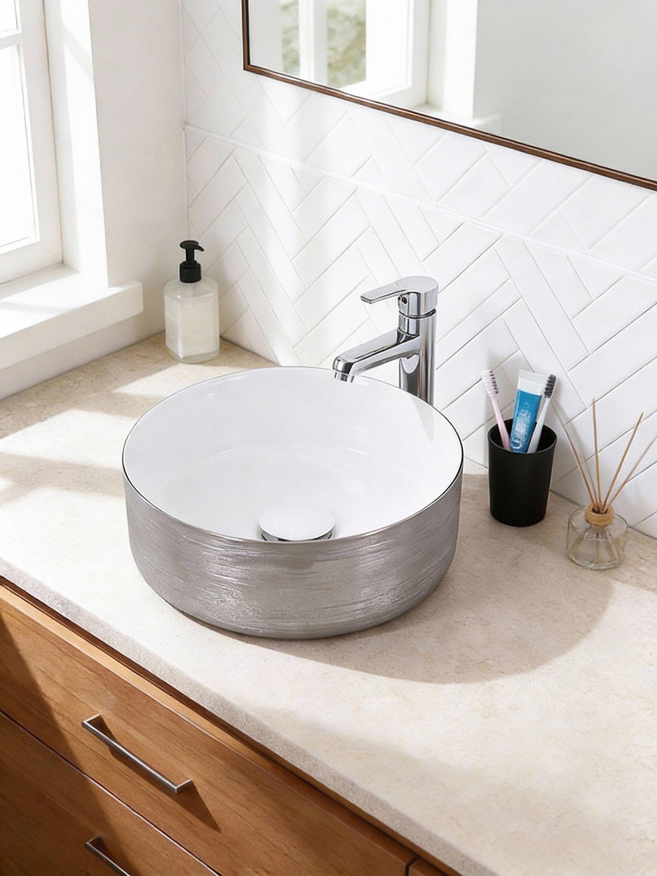 Living and Home Silver Round Ceramic Countertop Washbasin Vessel Sink