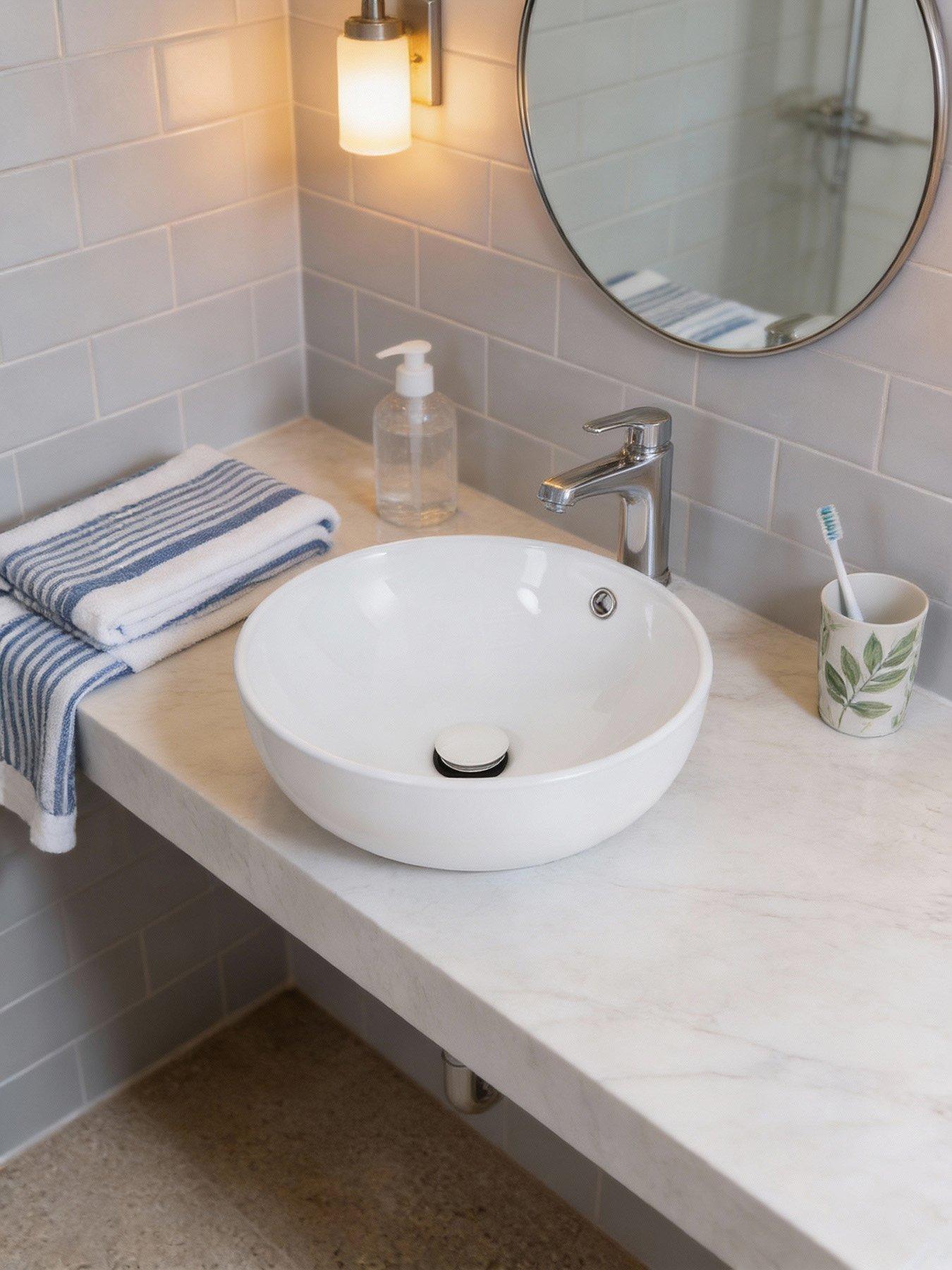 Image 6 of 7 of Living and Home Round White Ceramic Countertop Washbasin with Waste Kit