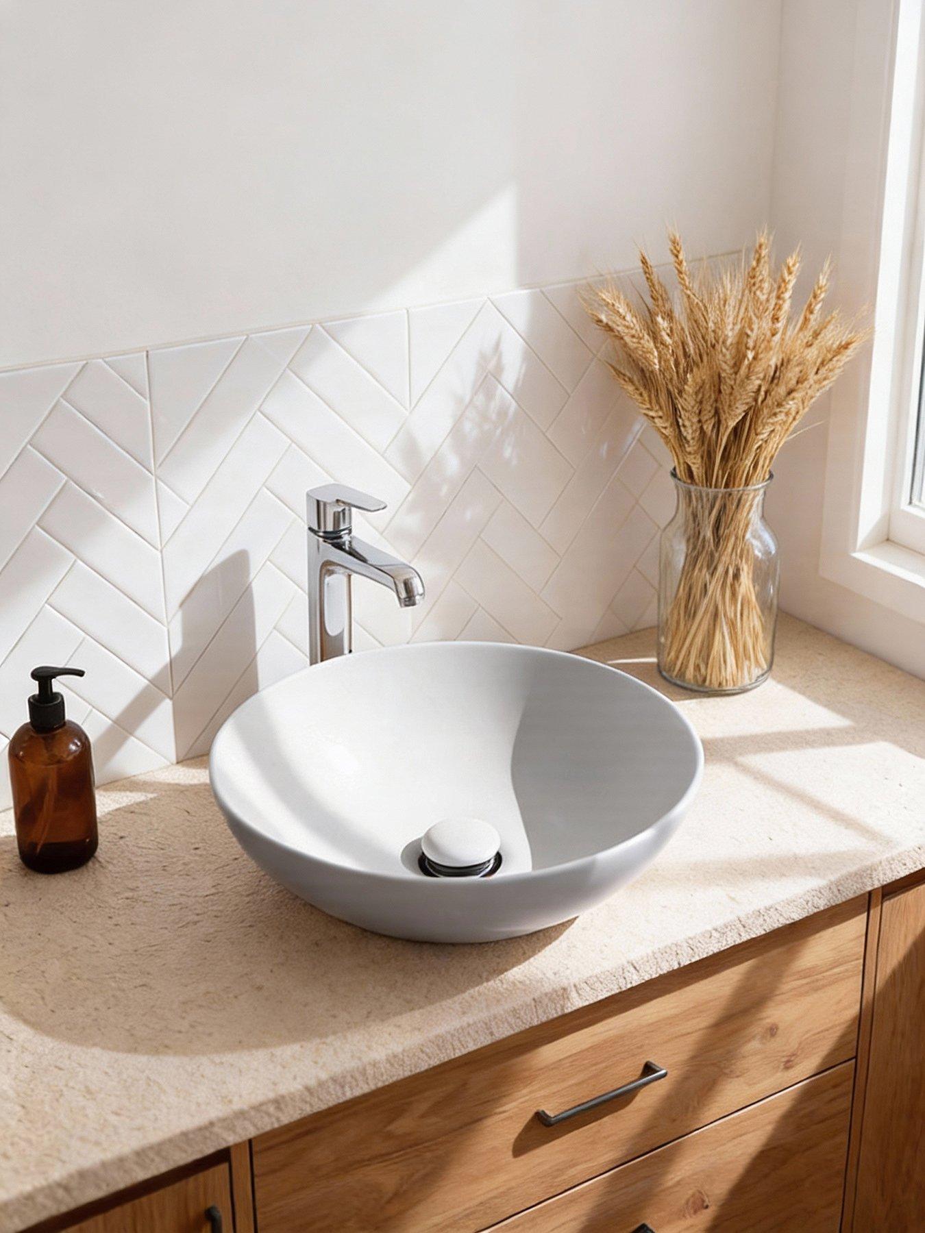 Living and Home Round Light Grey Ceramic Countertop Washbasin with Waste Kit