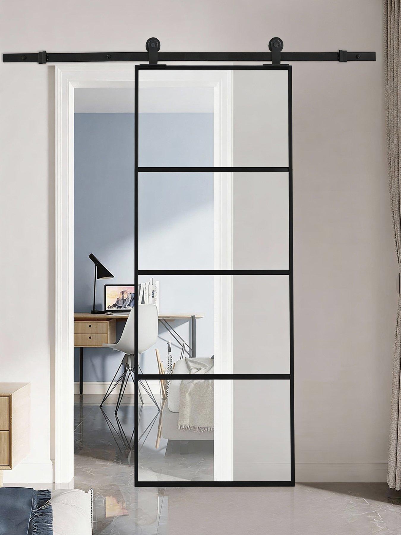 Living and Home 4 Lites Clear Glass Sliding Barn Door with 6ft Hardware Kit