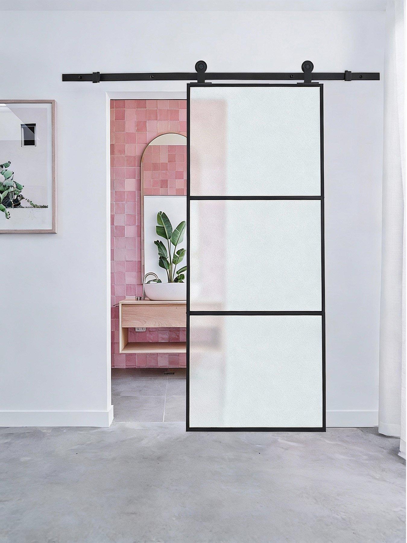 Living and Home 3 Lite Frosted Glass Sliding Barn Door with 6ft Hardware Kit