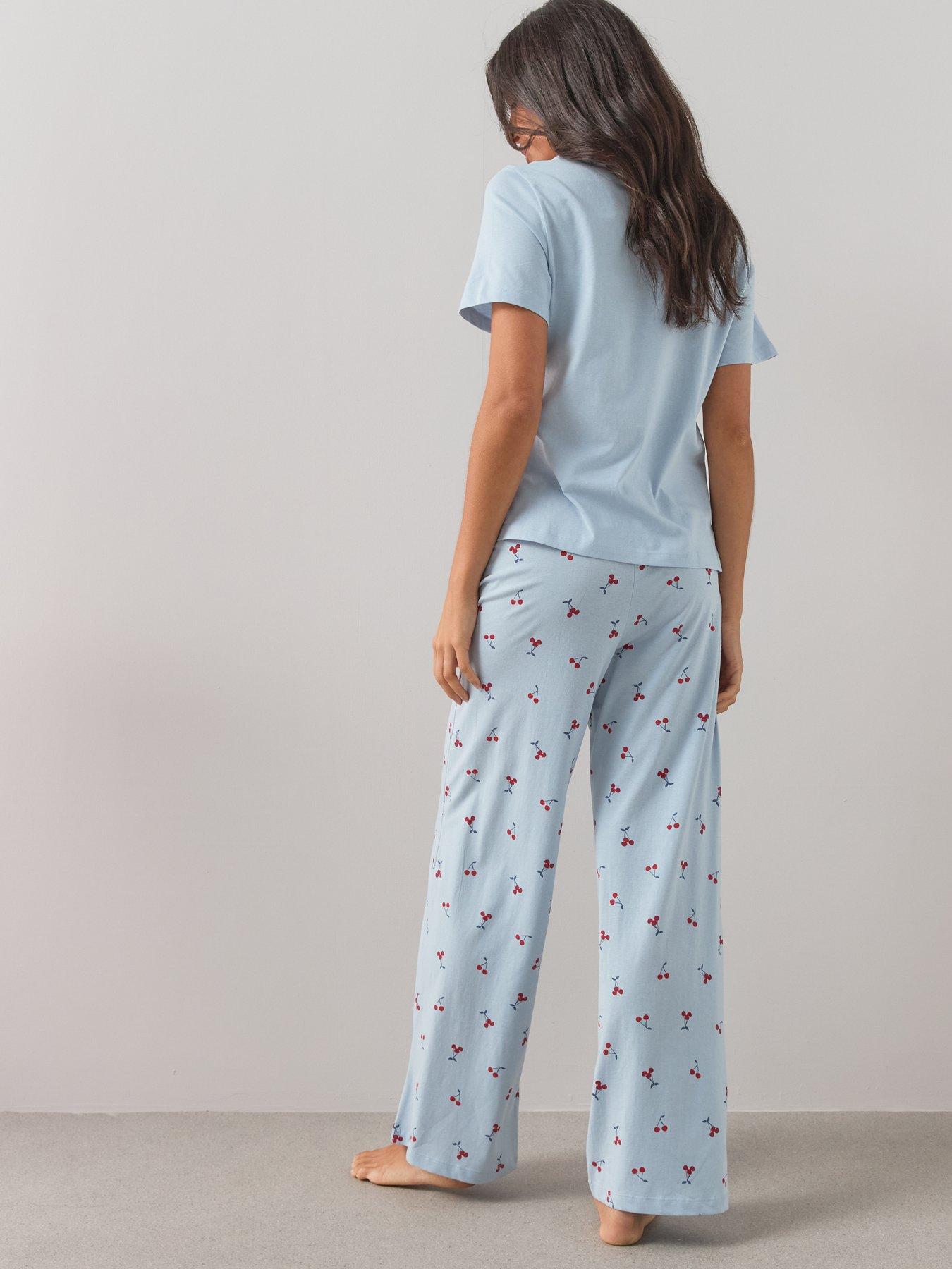 Image 2 of 7 of The Very Collection V Neck Short Sleeve Cherry Tshirt And Wide Leg Pyjama Set