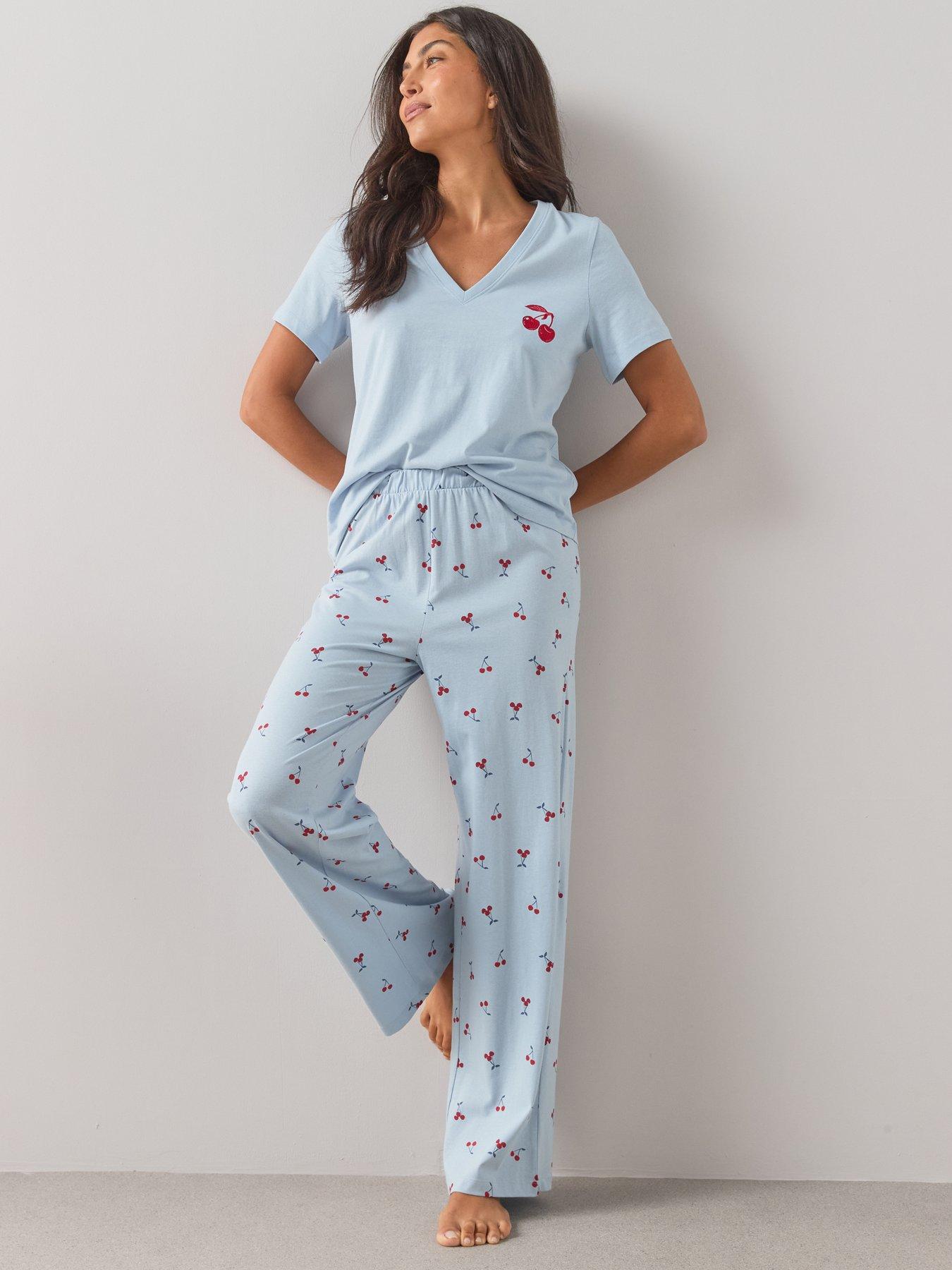 Image 3 of 7 of The Very Collection V Neck Short Sleeve Cherry Tshirt And Wide Leg Pyjama Set
