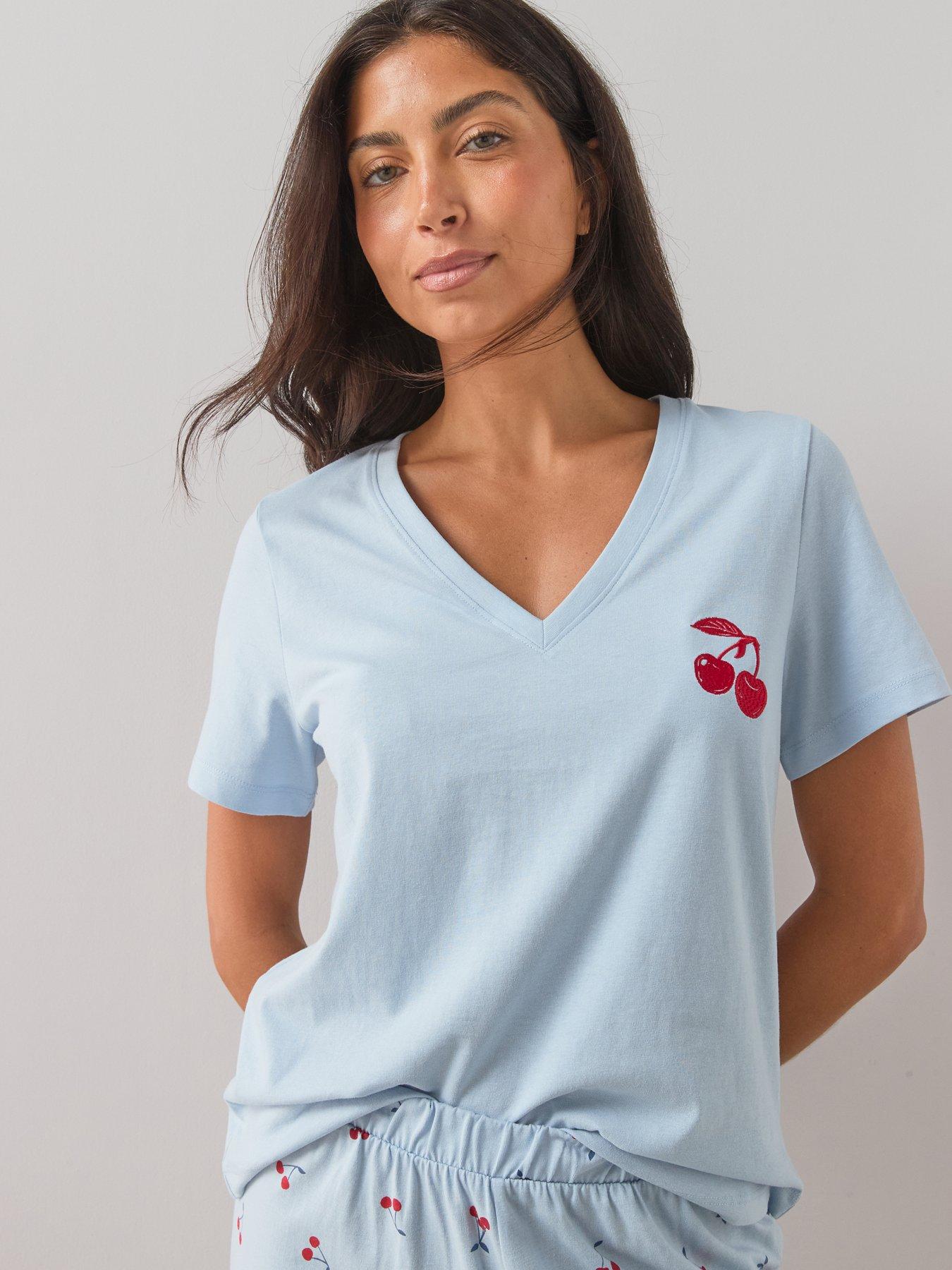Image 4 of 7 of The Very Collection V Neck Short Sleeve Cherry Tshirt And Wide Leg Pyjama Set
