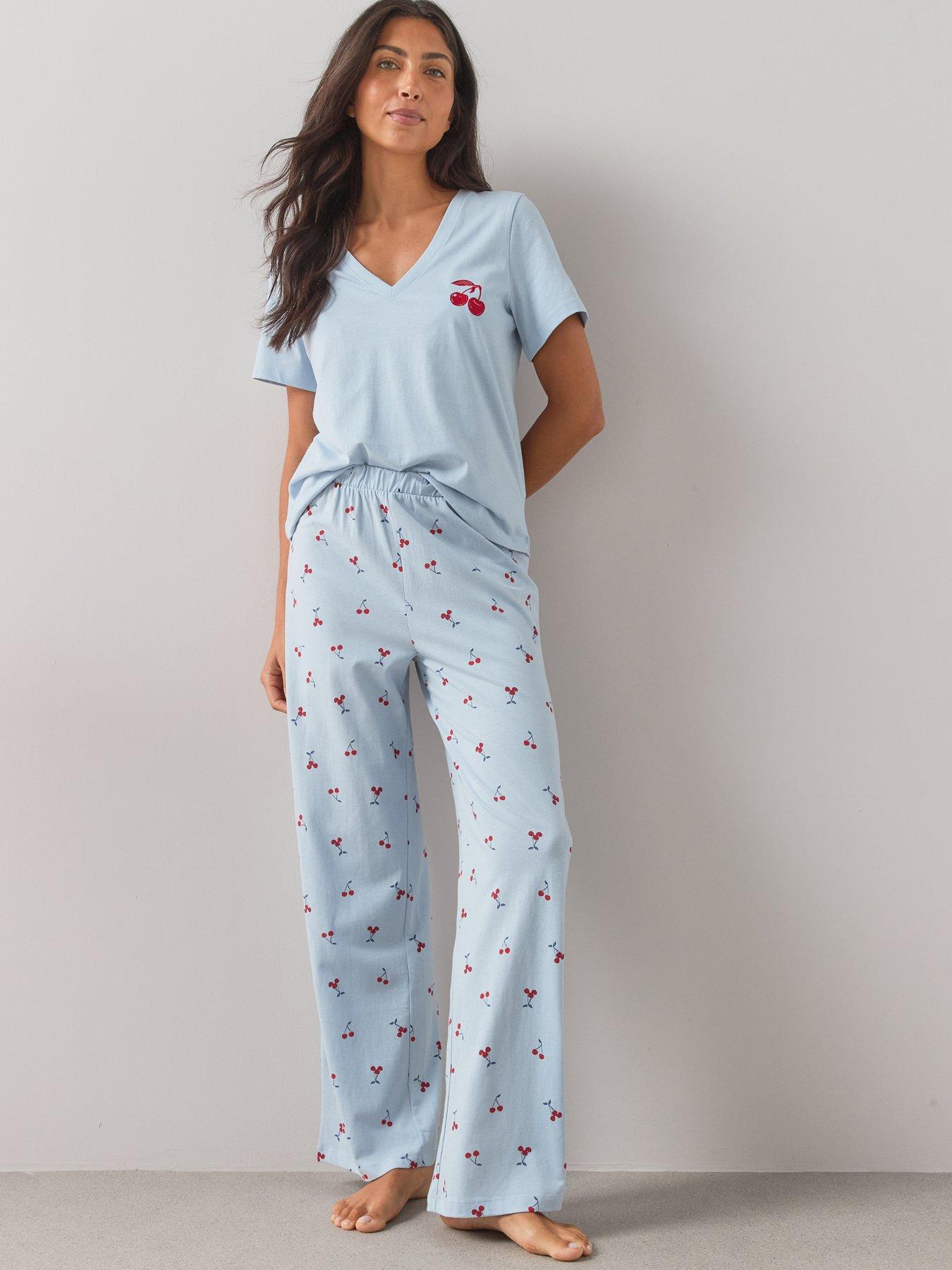 Image 5 of 7 of The Very Collection V Neck Short Sleeve Cherry Tshirt And Wide Leg Pyjama Set