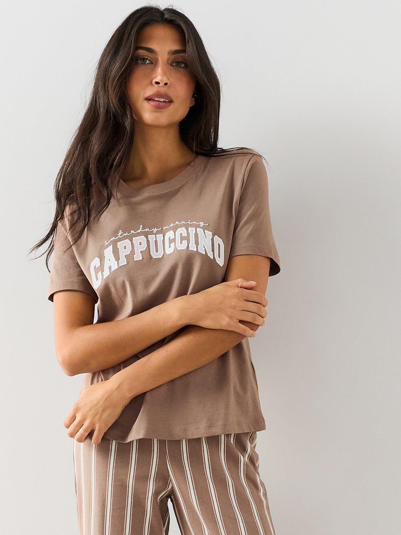 Image 1 of 7 of The Very Collection Cappuccino Print Short Sleeve Tshirt And Wide Leg Pyjama Set - Brown