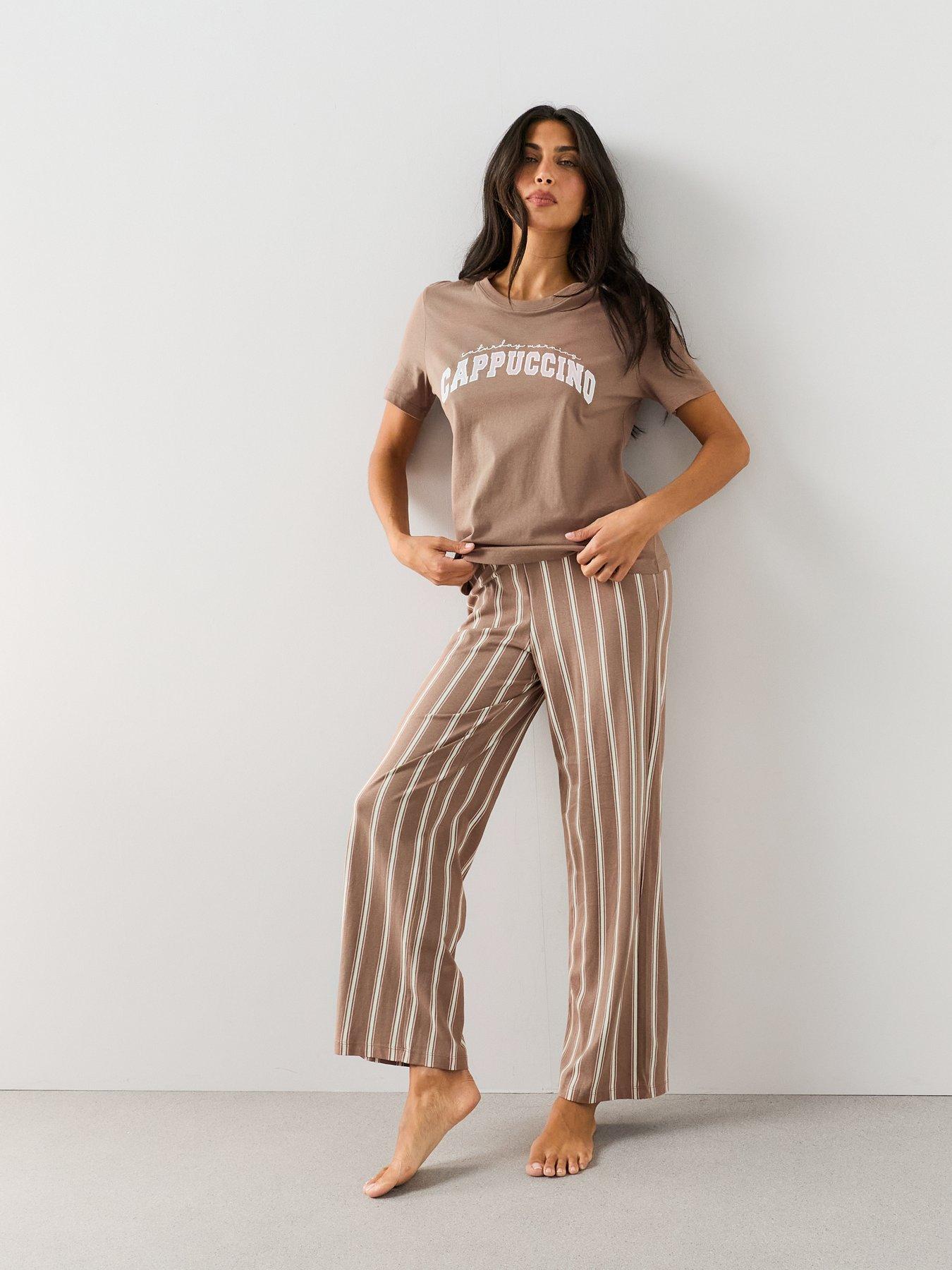 Image 3 of 7 of The Very Collection Cappuccino Print Short Sleeve Tshirt And Wide Leg Pyjama Set - Brown