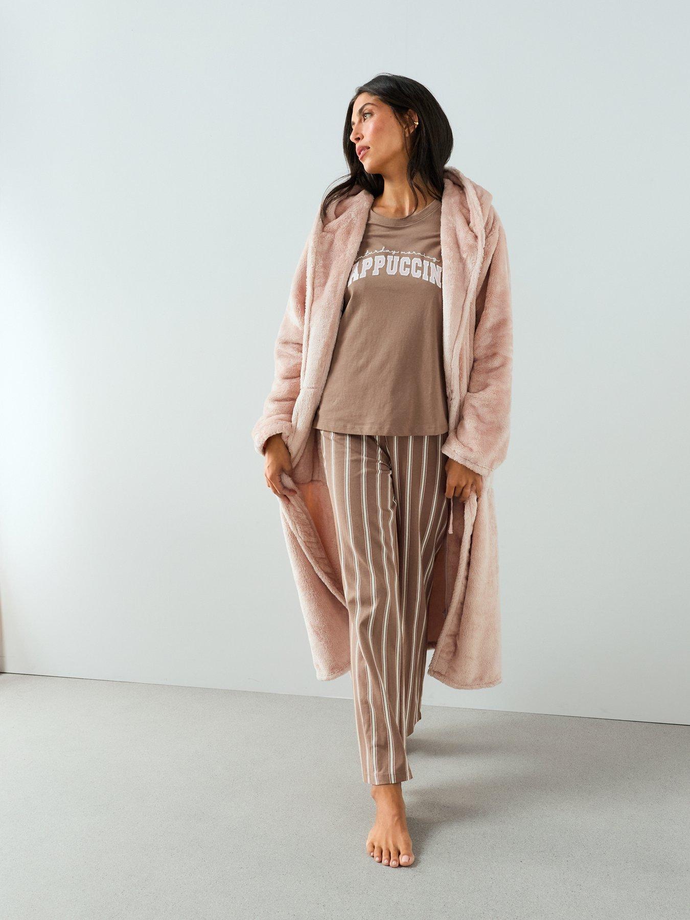 Image 4 of 7 of The Very Collection Cappuccino Print Short Sleeve Tshirt And Wide Leg Pyjama Set - Brown