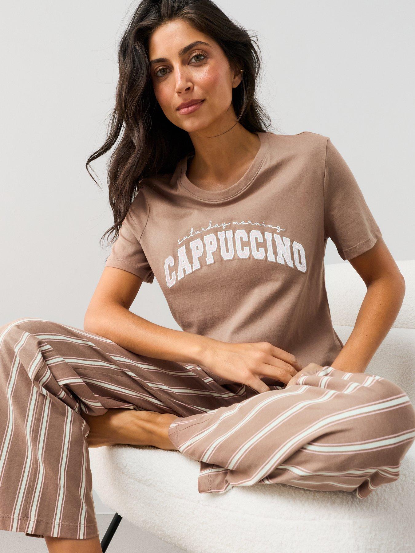 Image 5 of 7 of The Very Collection Cappuccino Print Short Sleeve Tshirt And Wide Leg Pyjama Set - Brown