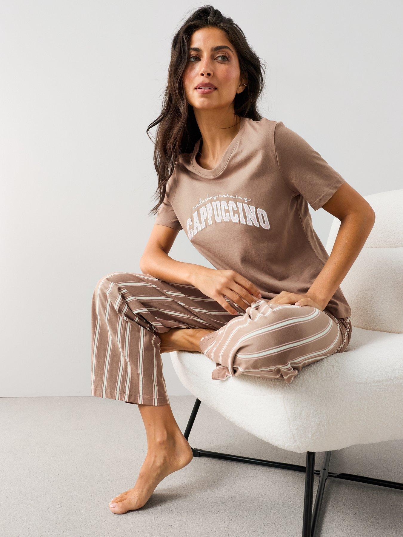 Image 6 of 7 of The Very Collection Cappuccino Print Short Sleeve Tshirt And Wide Leg Pyjama Set - Brown