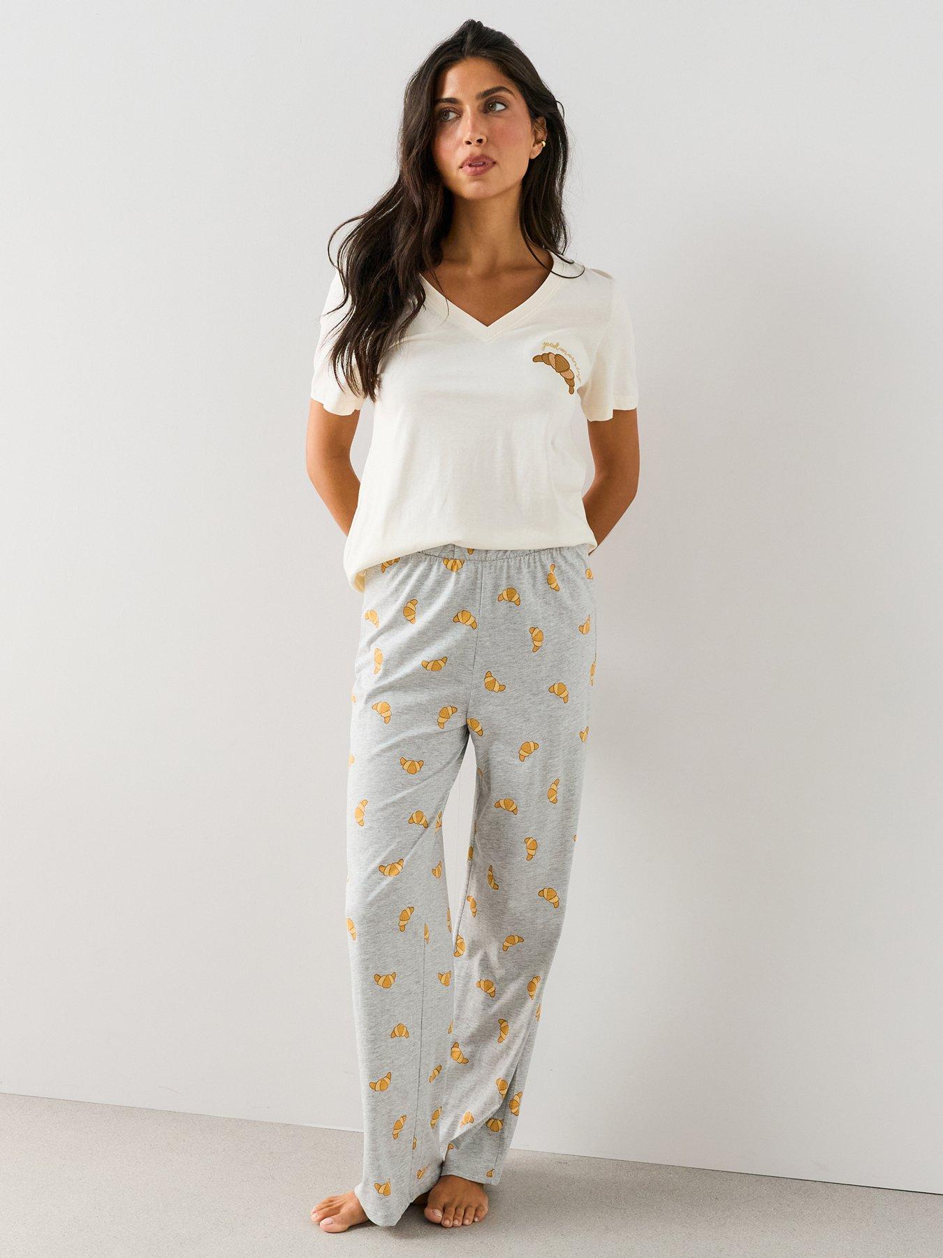 The Very Collection Croissant Print V Neck Tshirt And Wide Leg Pyjama Set