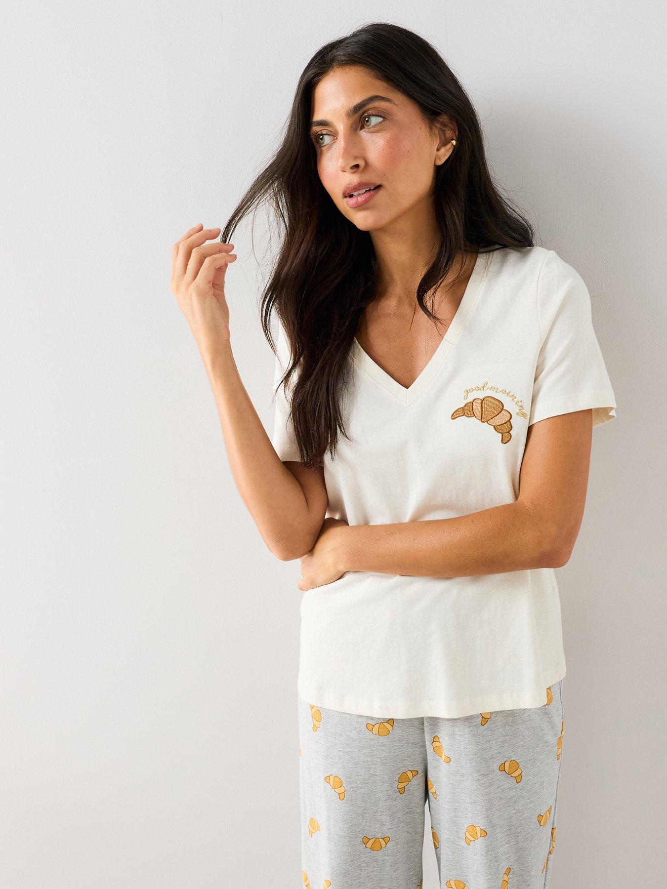 The Very Collection Crossisant Print V Neck Top And Wide Leg Pyjama Set