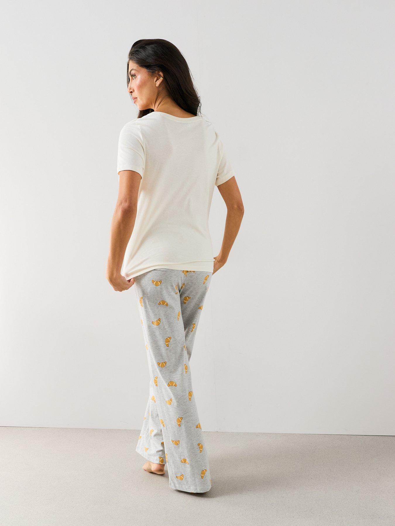 Image 2 of 7 of The Very Collection Croissant Print V Neck Tshirt And Wide Leg Pyjama Set