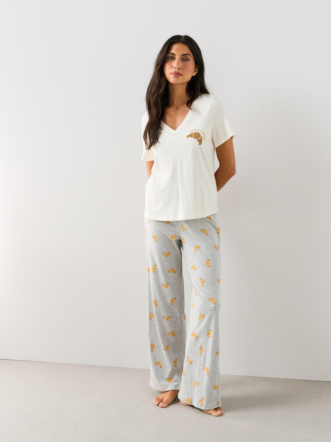 Image 5 of 7 of The Very Collection Croissant Print V Neck Tshirt And Wide Leg Pyjama Set