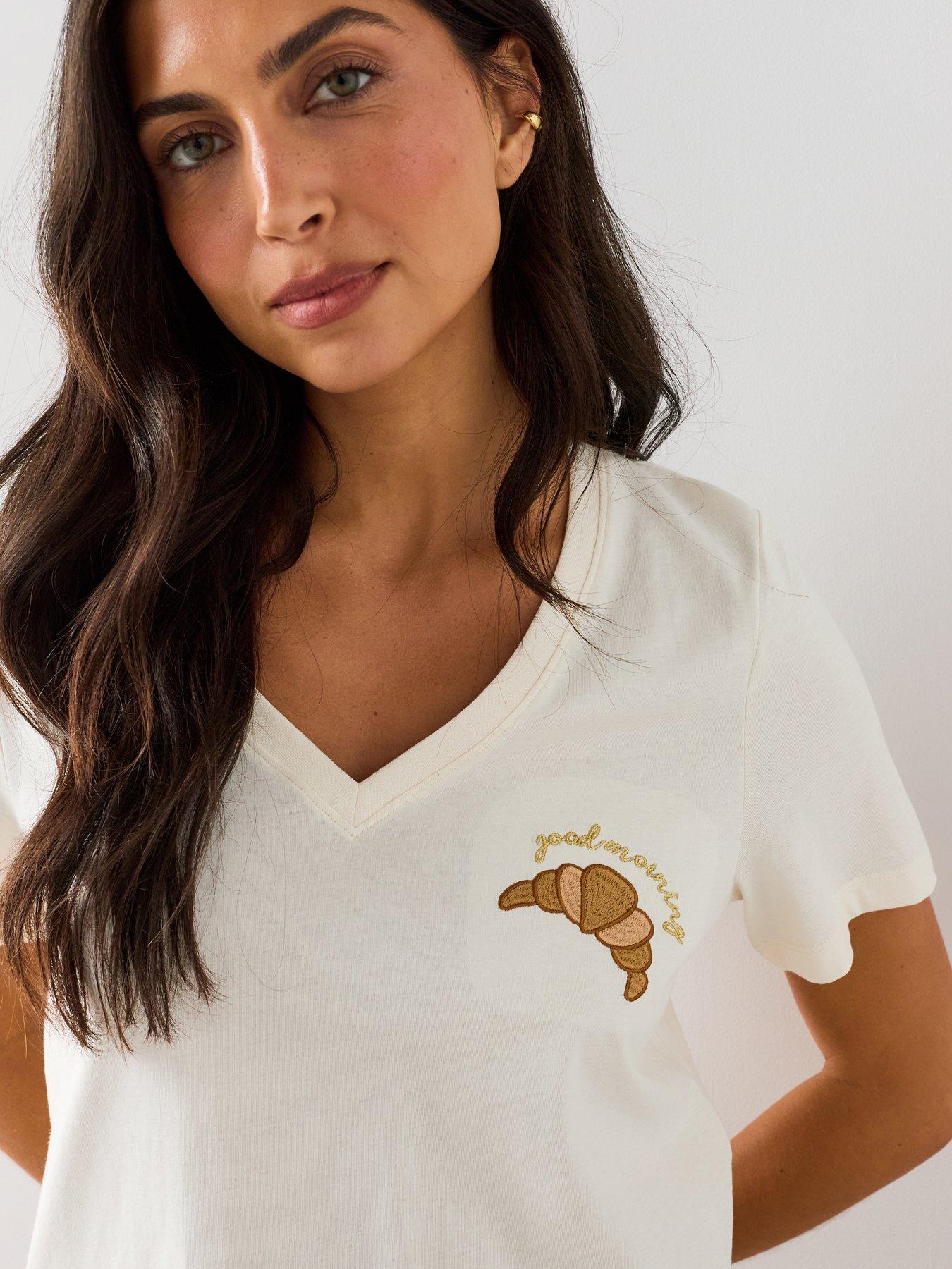 Image 6 of 7 of The Very Collection Croissant Print V Neck Tshirt And Wide Leg Pyjama Set