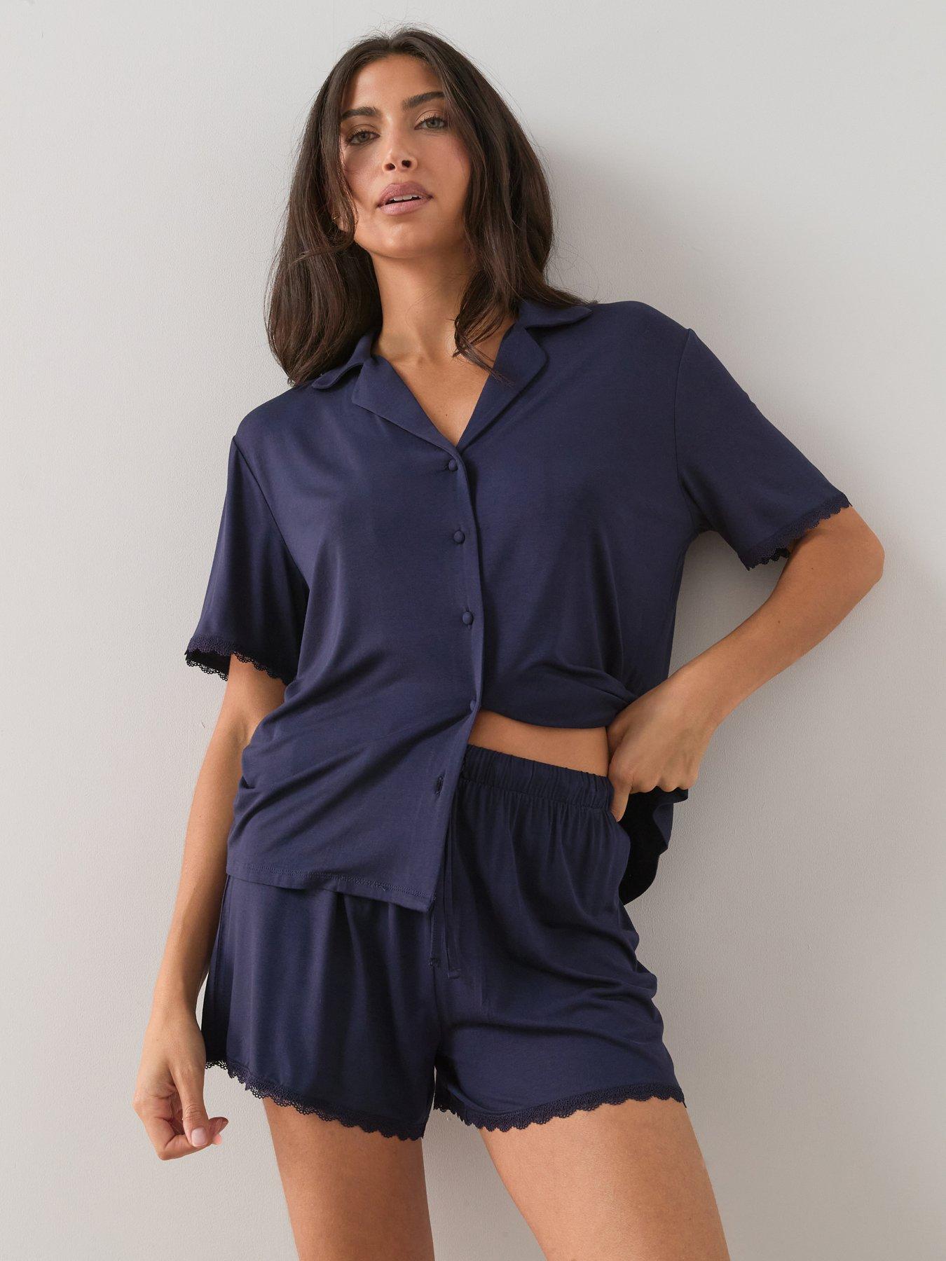 The Very Collection Lace Trim Jersey Revere Short Pyjama Set - Navy