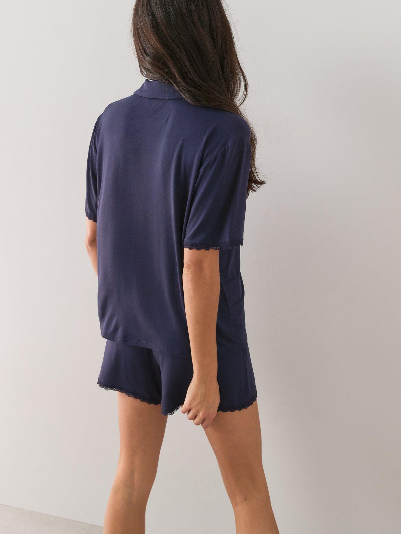 Image 2 of 7 of The Very Collection Lace Trim Jersey Revere Short Pyjama Set - Navy