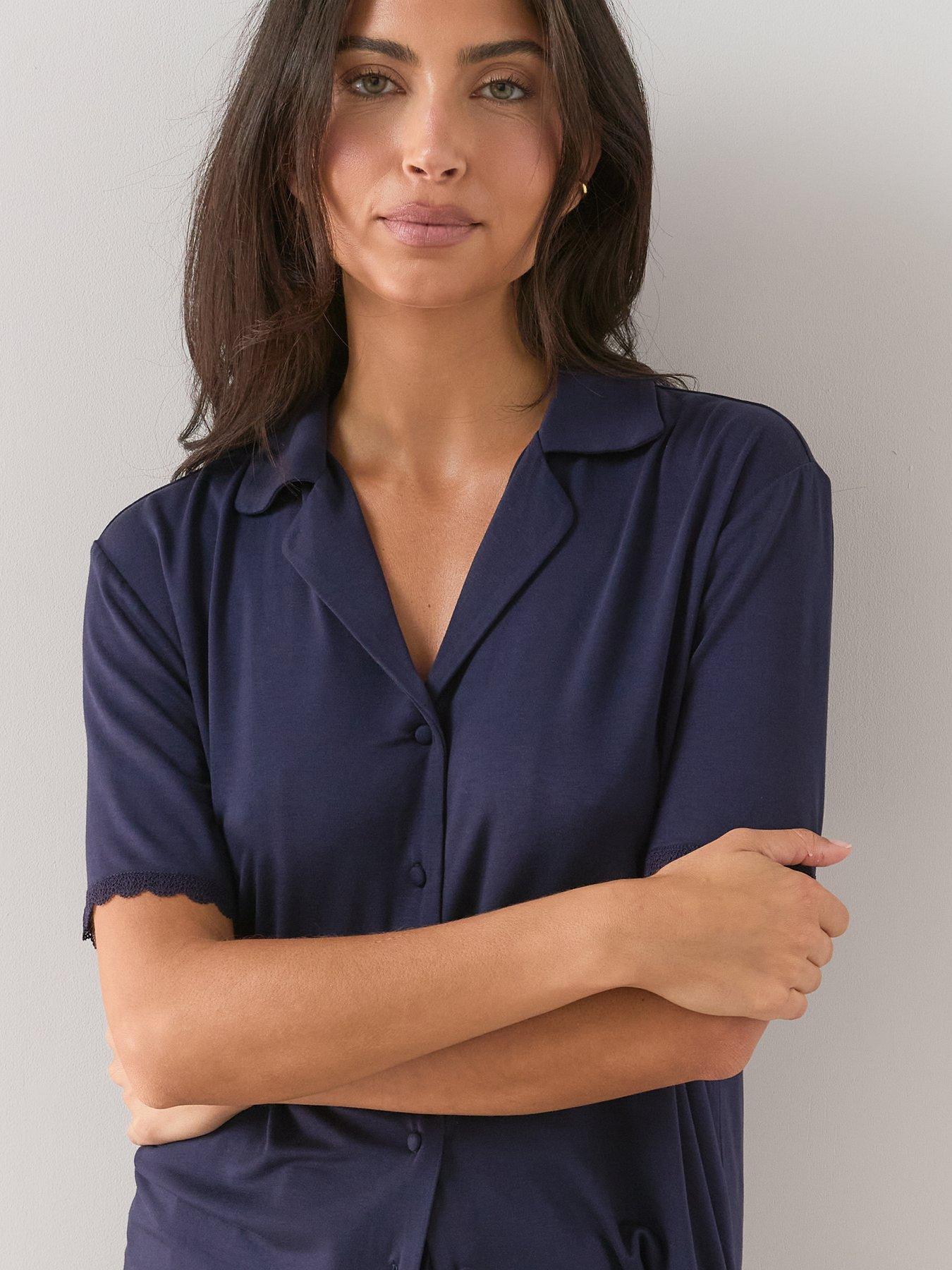 Image 6 of 7 of The Very Collection Lace Trim Jersey Revere Short Pyjama Set - Navy