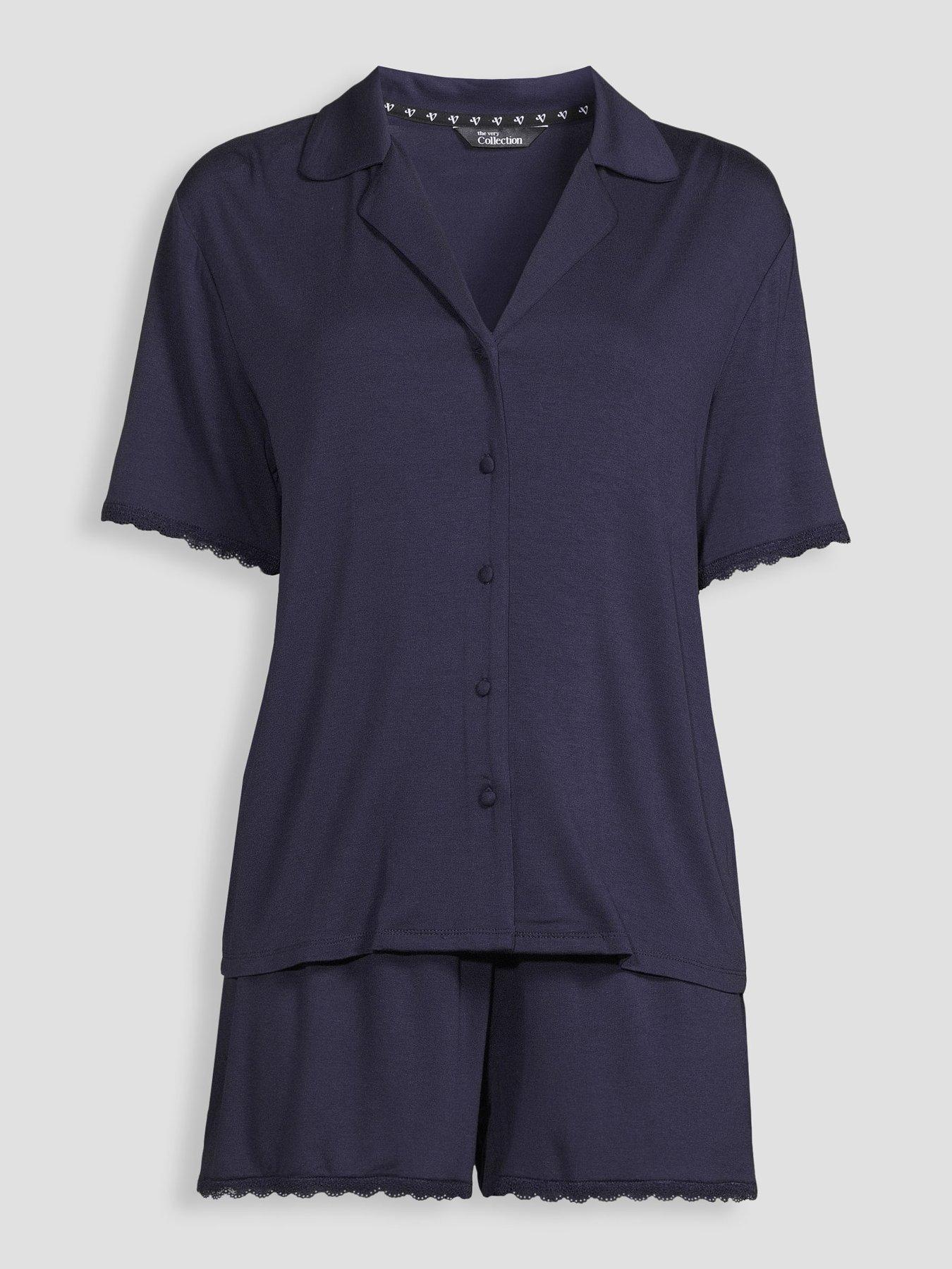 Image 7 of 7 of The Very Collection Lace Trim Jersey Revere Short Pyjama Set - Navy