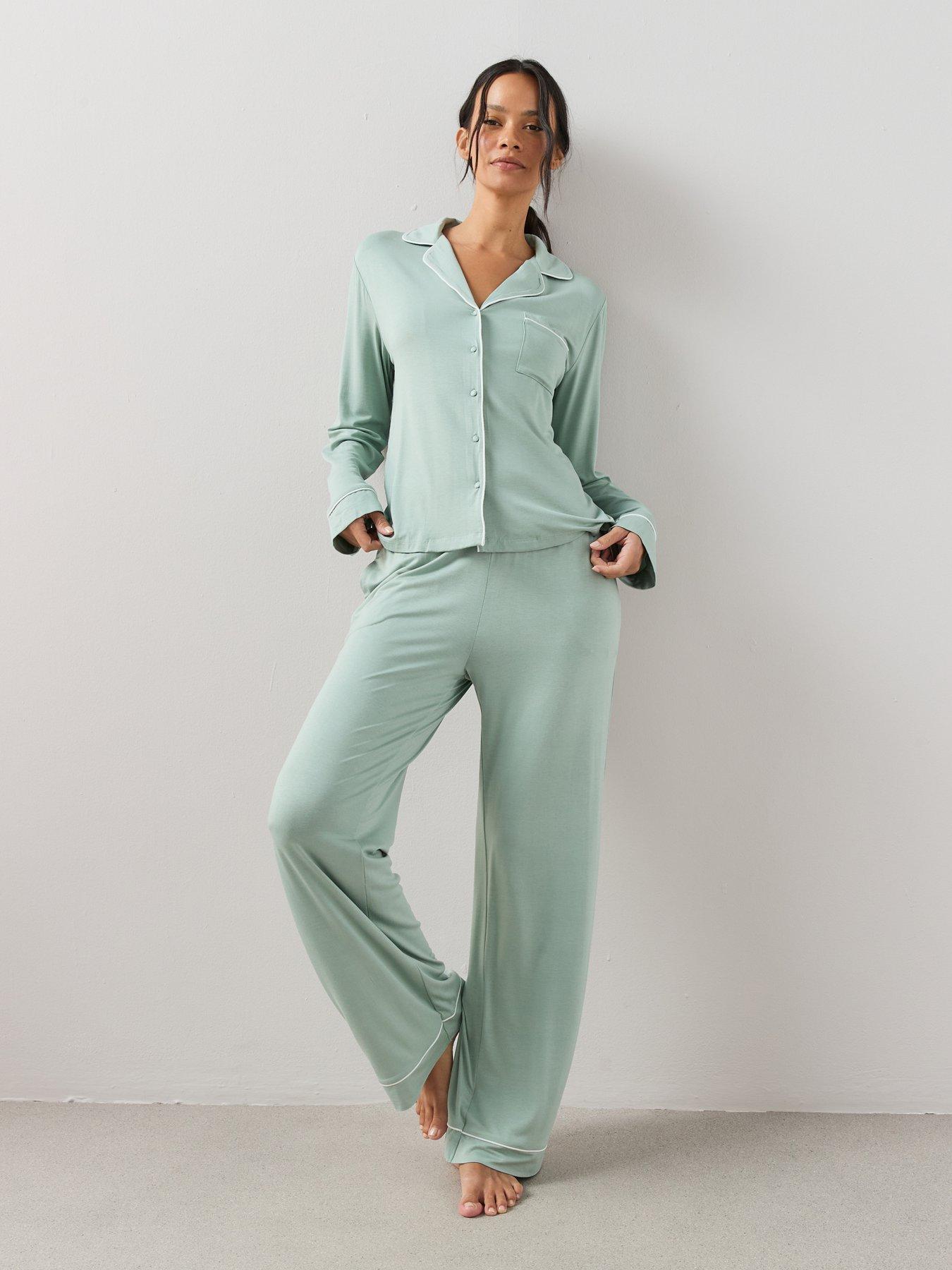 Image 1 of 7 of The Very Collection Long Sleeve Jersey Revere Pyjama Set - Green