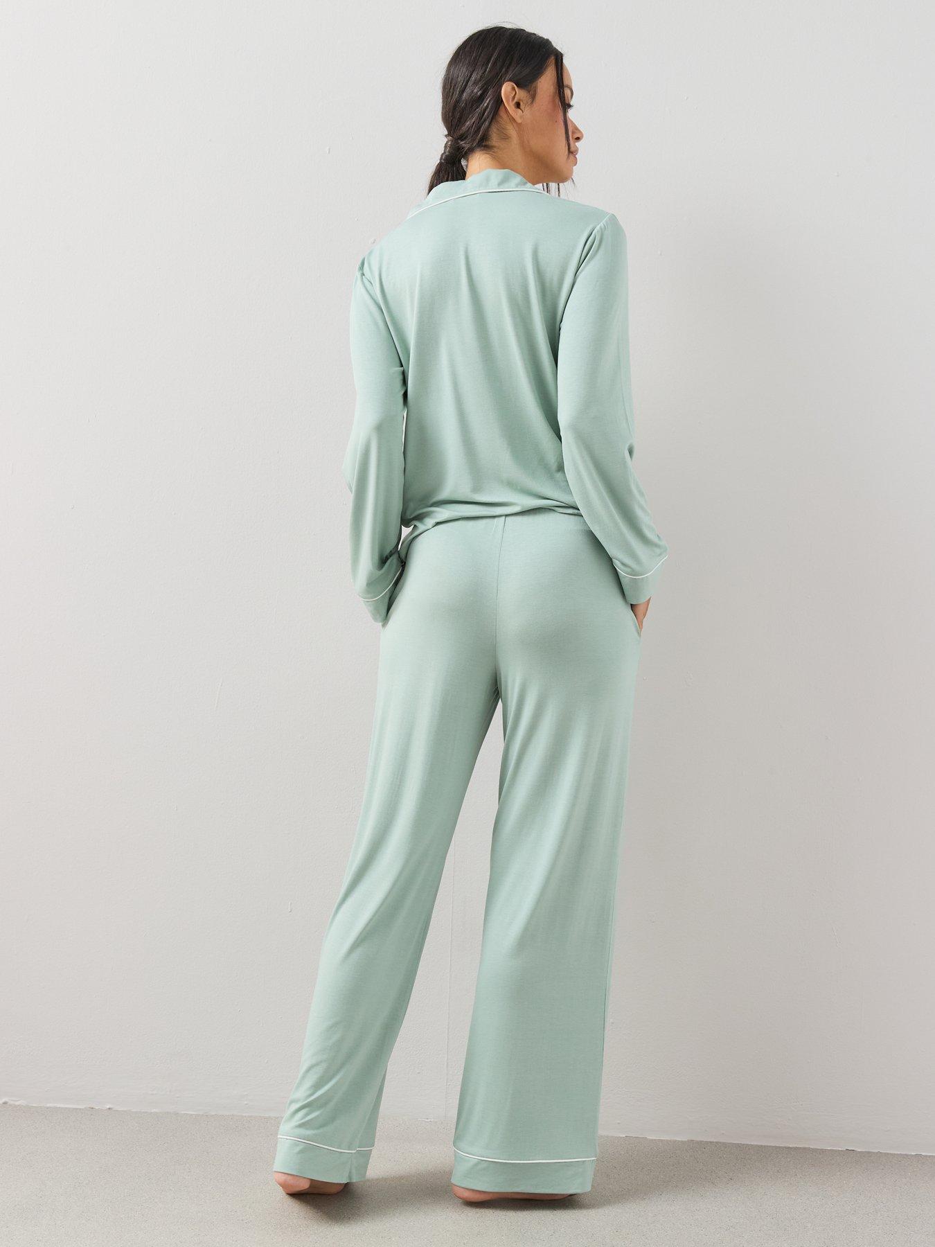 Image 2 of 7 of The Very Collection Long Sleeve Jersey Revere Pyjama Set - Green