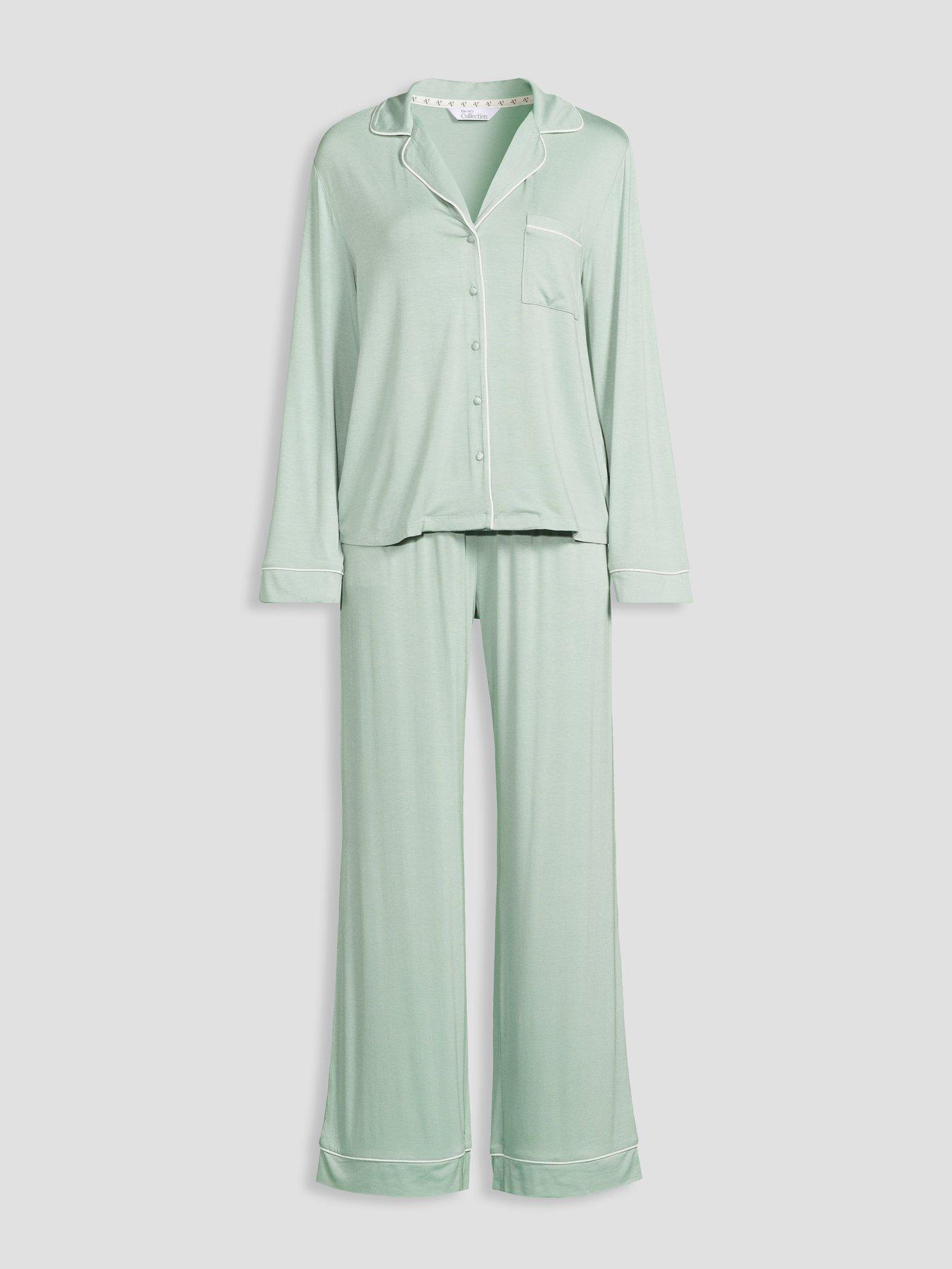 Image 7 of 7 of The Very Collection Long Sleeve Jersey Revere Pyjama Set - Green