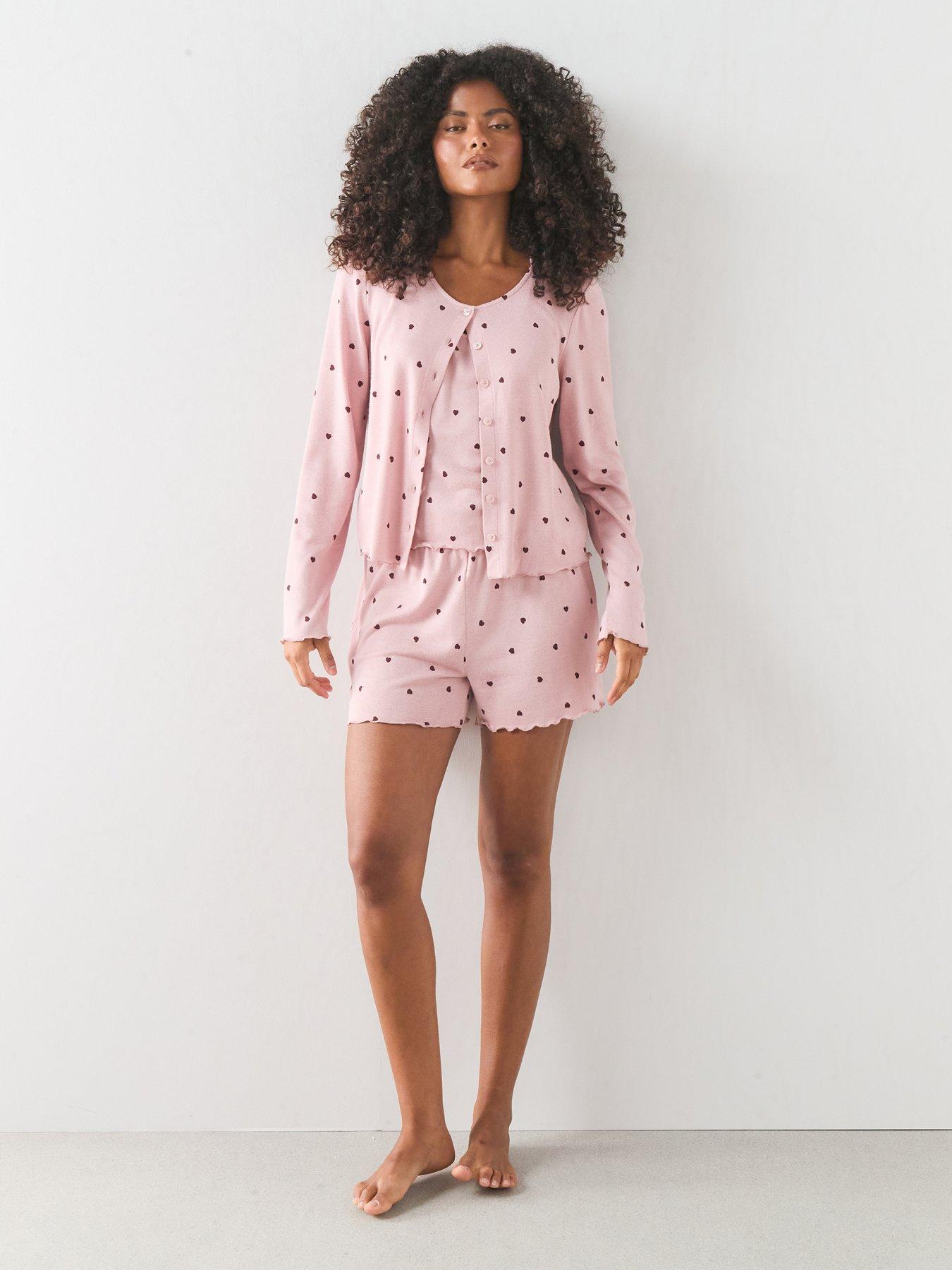 The Very Collection 3 Piece Vest, Cardigan And Short Pyjama Set - Pink