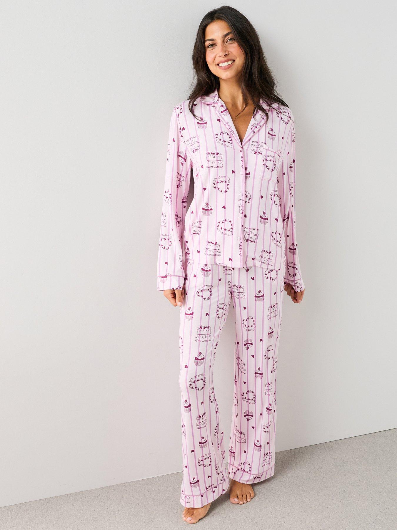 The Very Collection Cake Print Long Sleeve Jersey Revere Pyjama Set - Pink