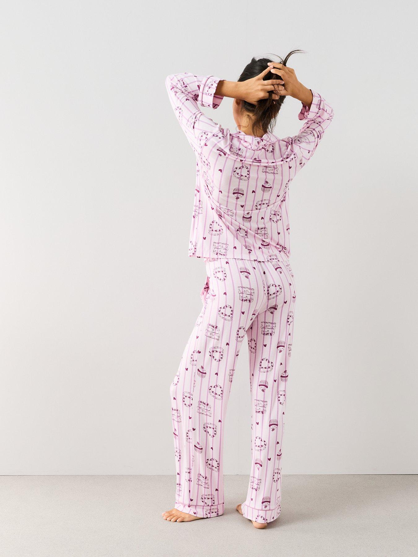 Image 2 of 7 of The Very Collection Jersey Revere Cake Print Pyjama Set - Pink