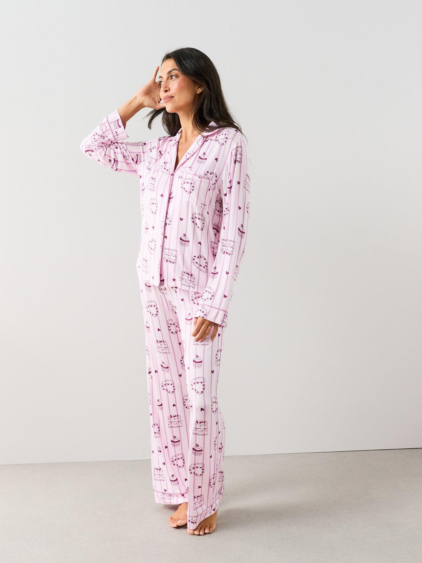 Image 3 of 7 of The Very Collection Jersey Revere Cake Print Pyjama Set - Pink