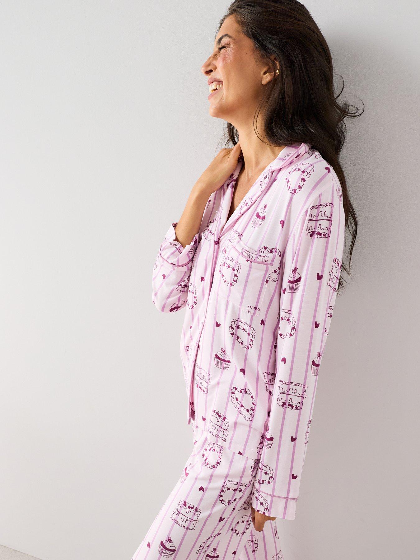 Image 5 of 7 of The Very Collection Jersey Revere Cake Print Pyjama Set - Pink