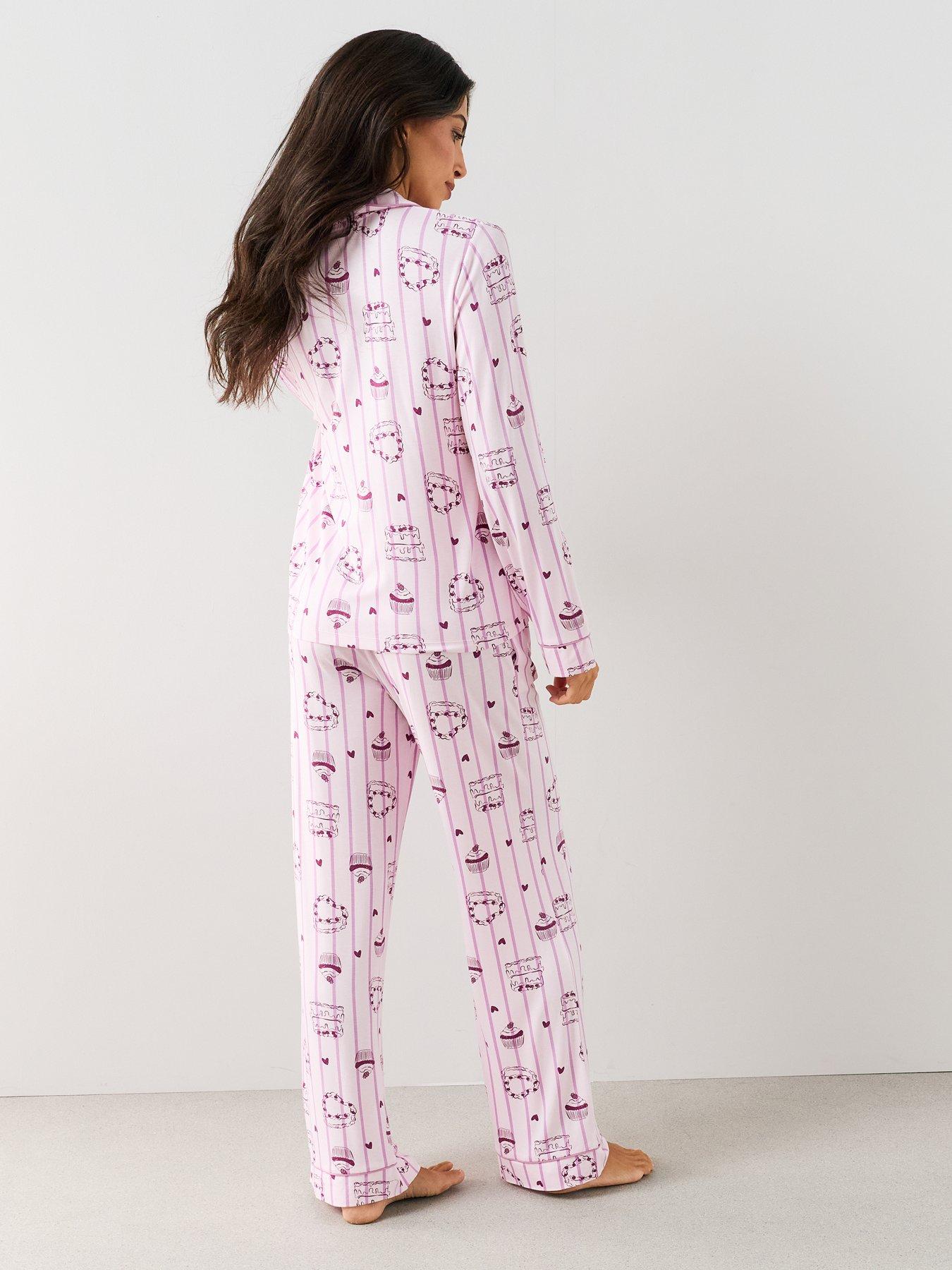 Image 6 of 7 of The Very Collection Jersey Revere Cake Print Pyjama Set - Pink