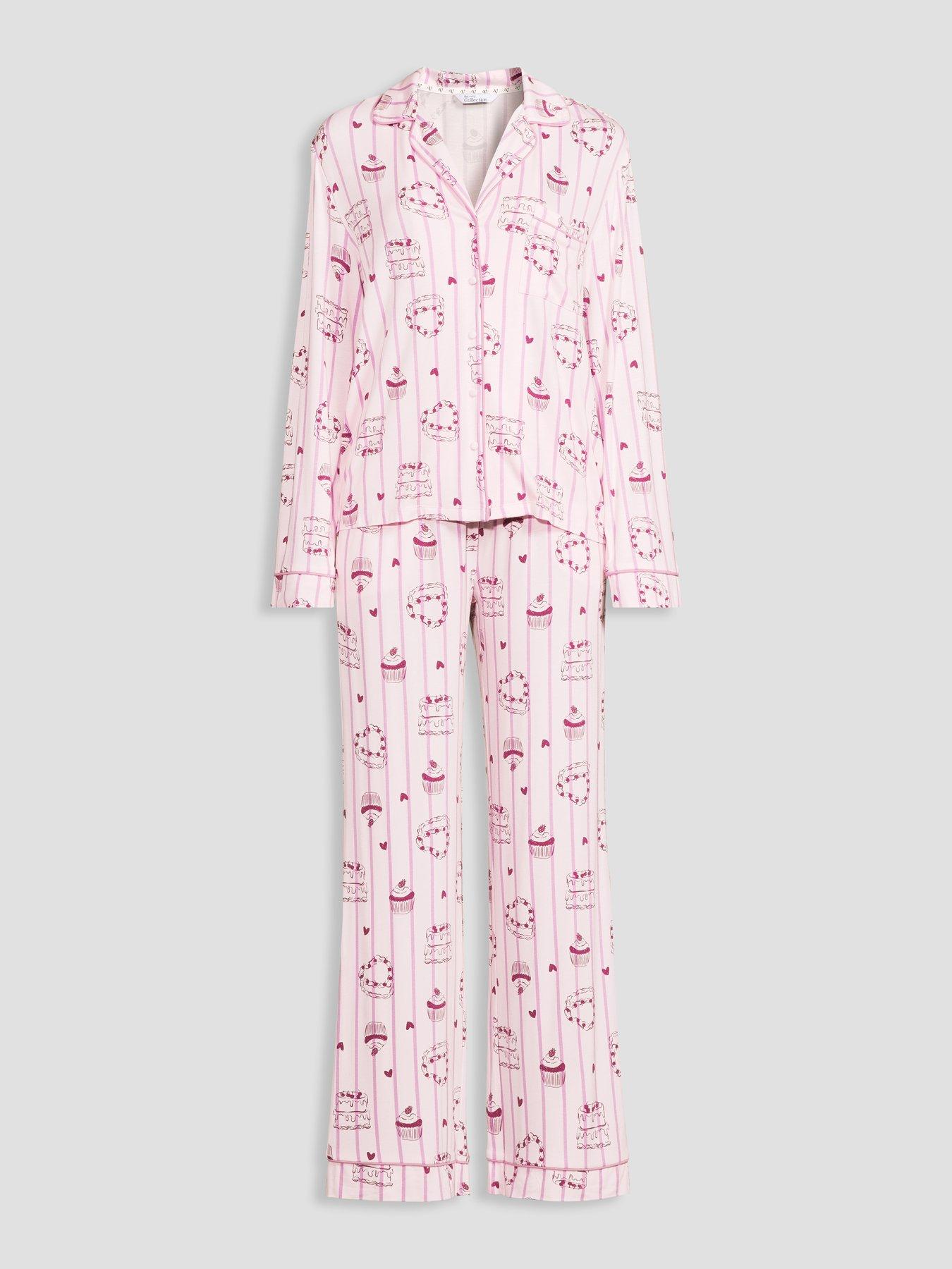 Image 7 of 7 of The Very Collection Jersey Revere Cake Print Pyjama Set - Pink