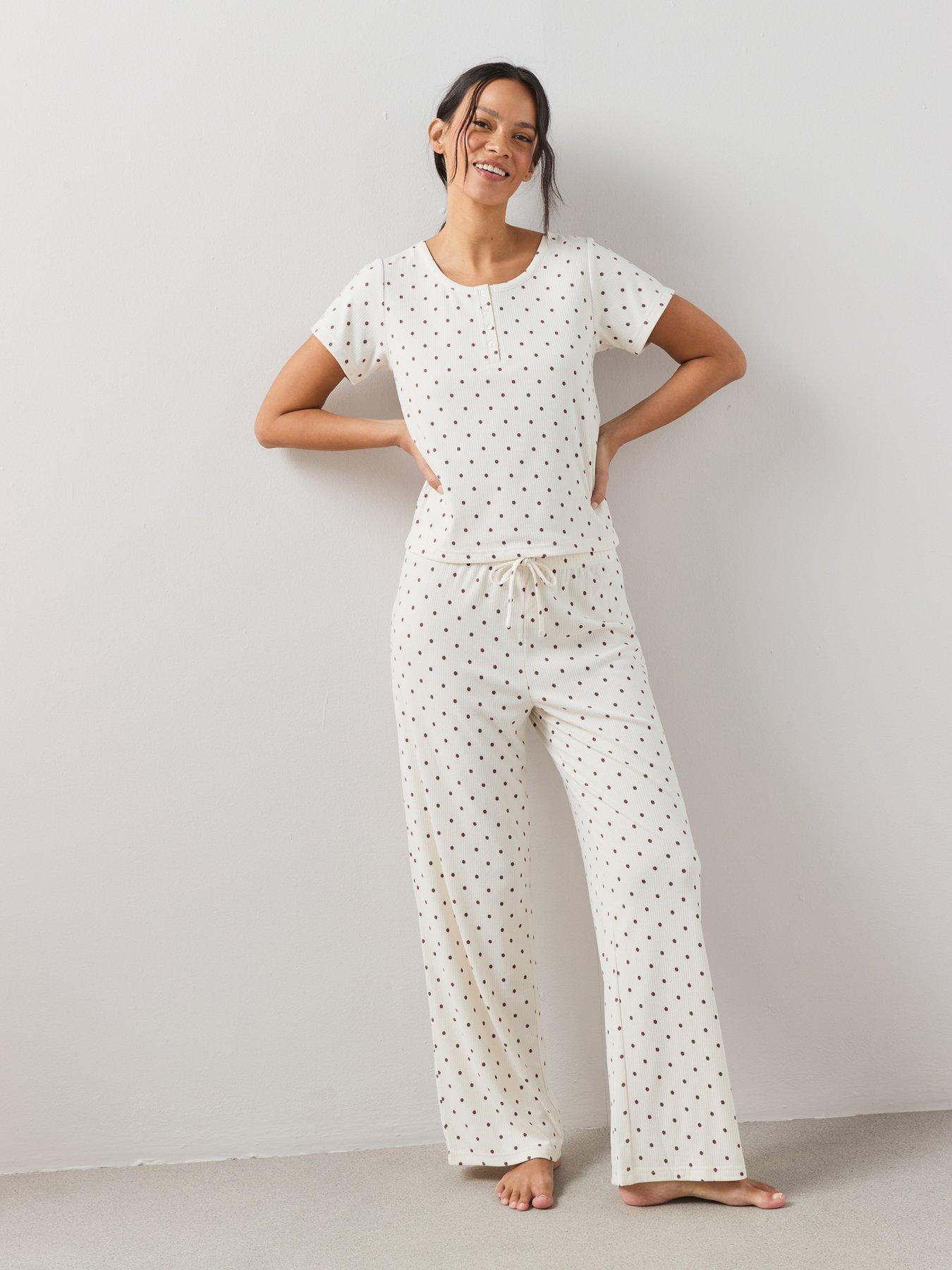 The Very Collection Soft Touch Polka Dot Top And Wide Leg Pyjama Set - Cream