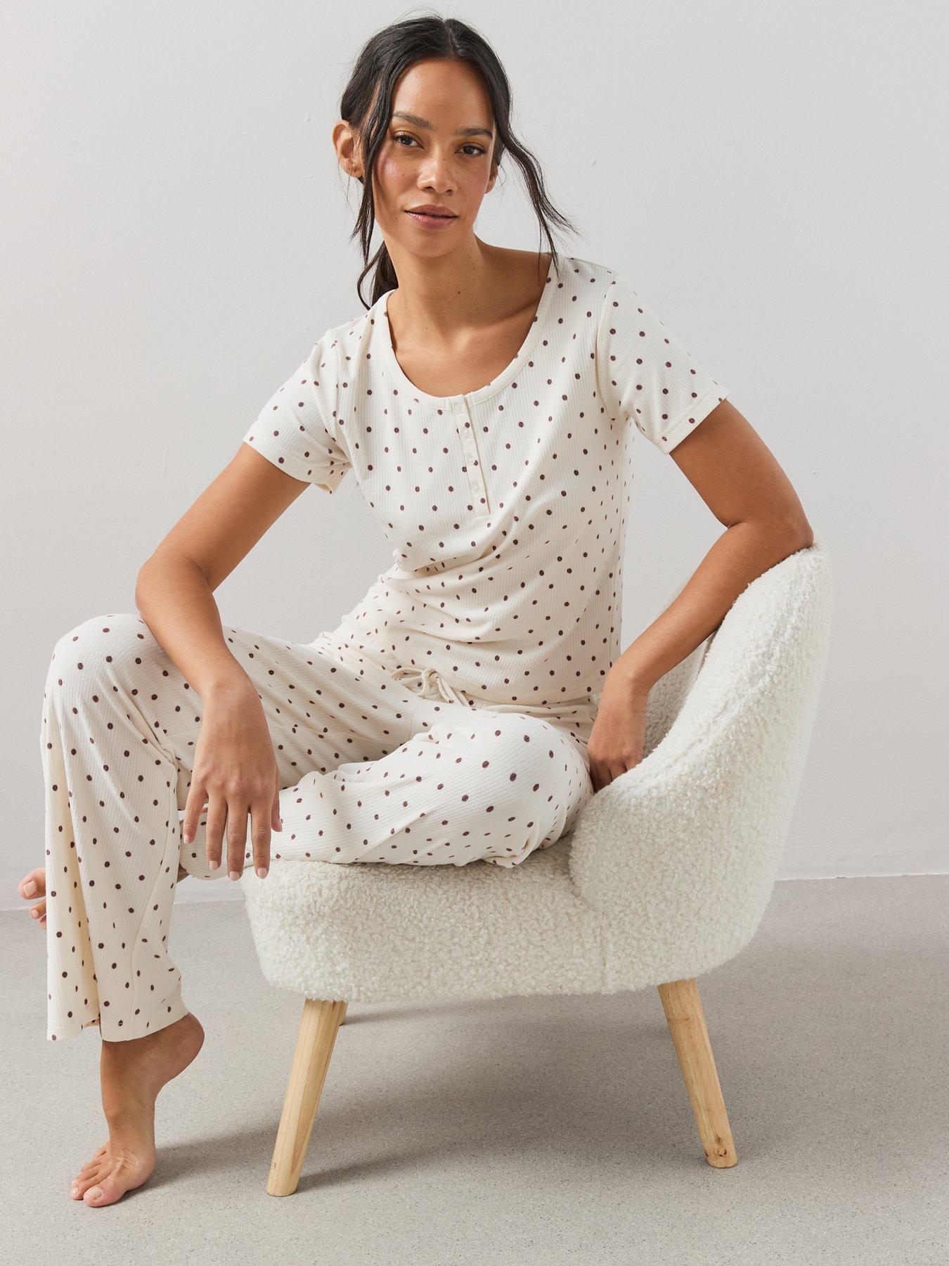 Image 3 of 7 of The Very Collection Soft Touch Polka Dot Top And Wide Leg Pyjama Set - Cream