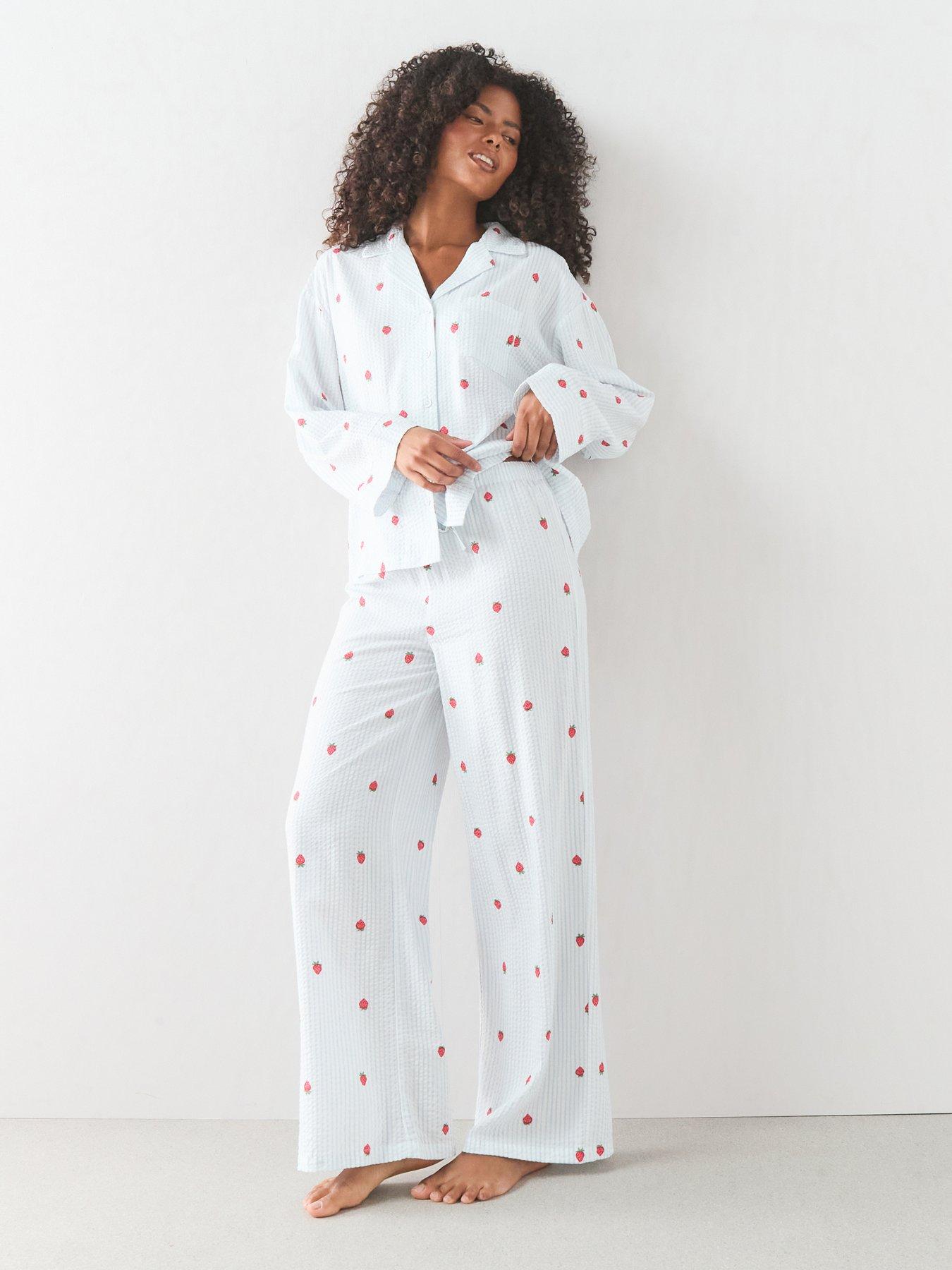 Image 1 of 7 of The Very Collection Woven Stripe Strawberry Print Revere Pyjama Set - Blue