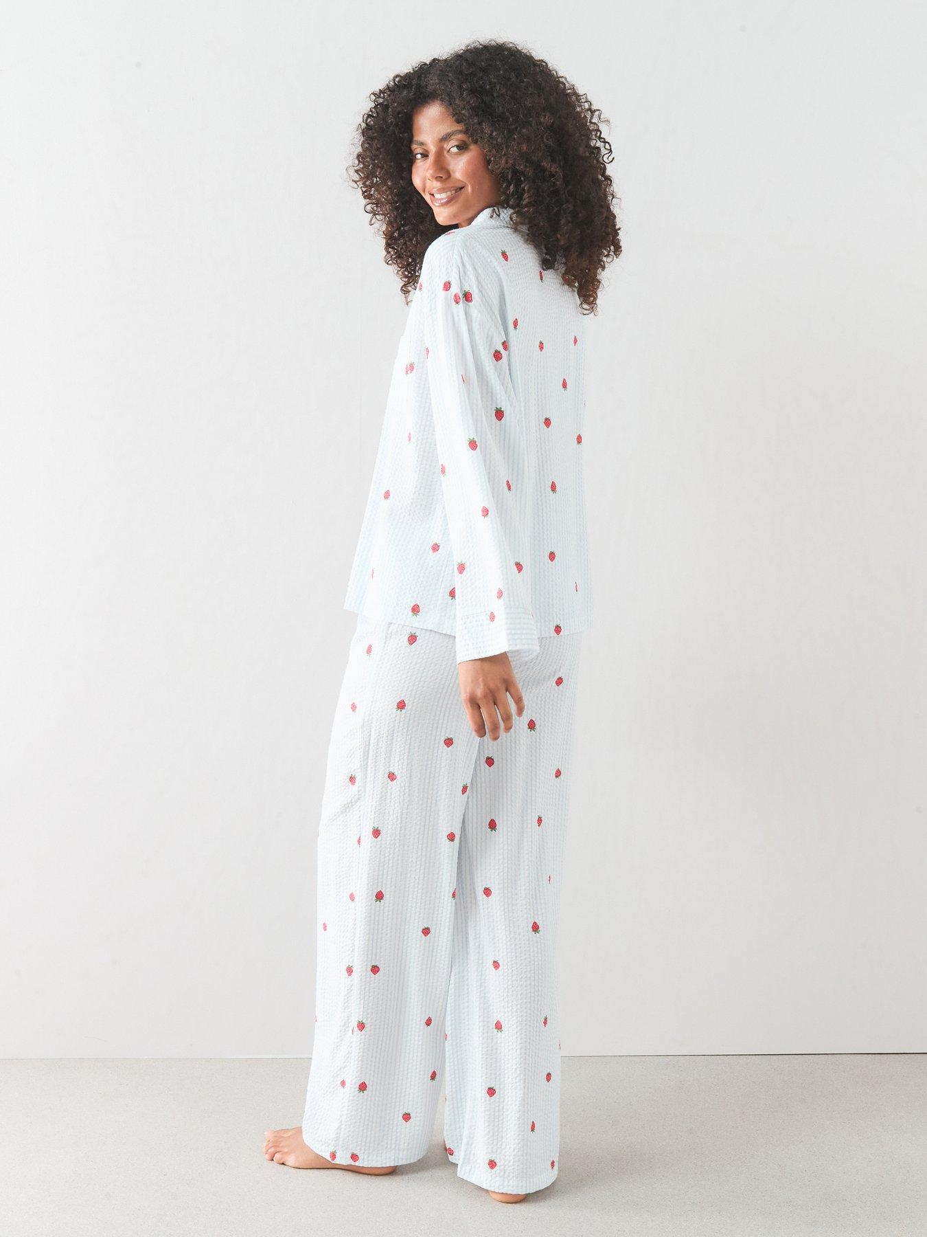 Image 2 of 7 of The Very Collection Woven Stripe Strawberry Print Revere Pyjama Set - Blue