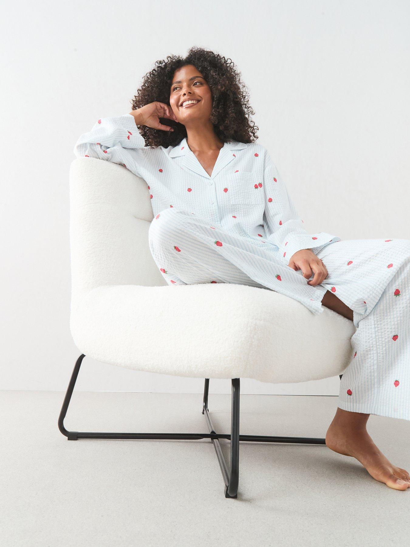 Image 3 of 7 of The Very Collection Woven Stripe Strawberry Print Revere Pyjama Set - Blue