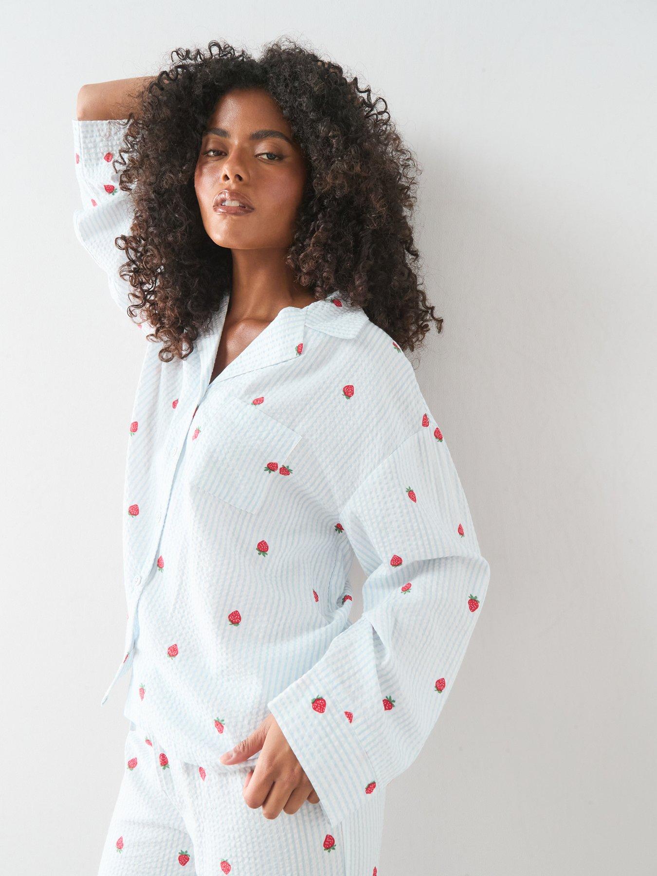 Image 4 of 7 of The Very Collection Woven Stripe Strawberry Print Revere Pyjama Set - Blue
