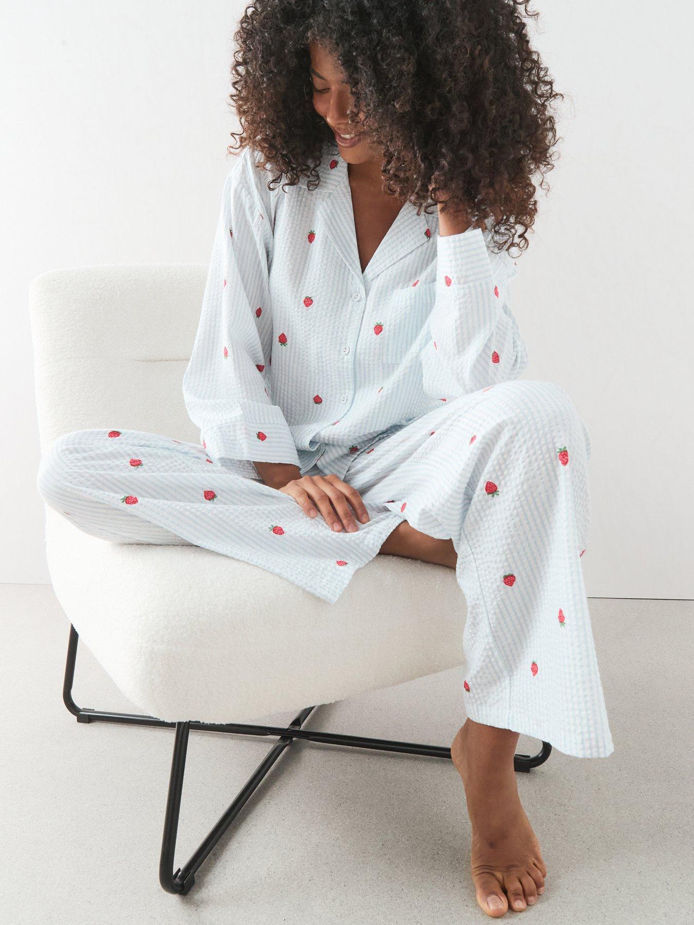 Image 5 of 7 of The Very Collection Woven Stripe Strawberry Print Revere Pyjama Set - Blue