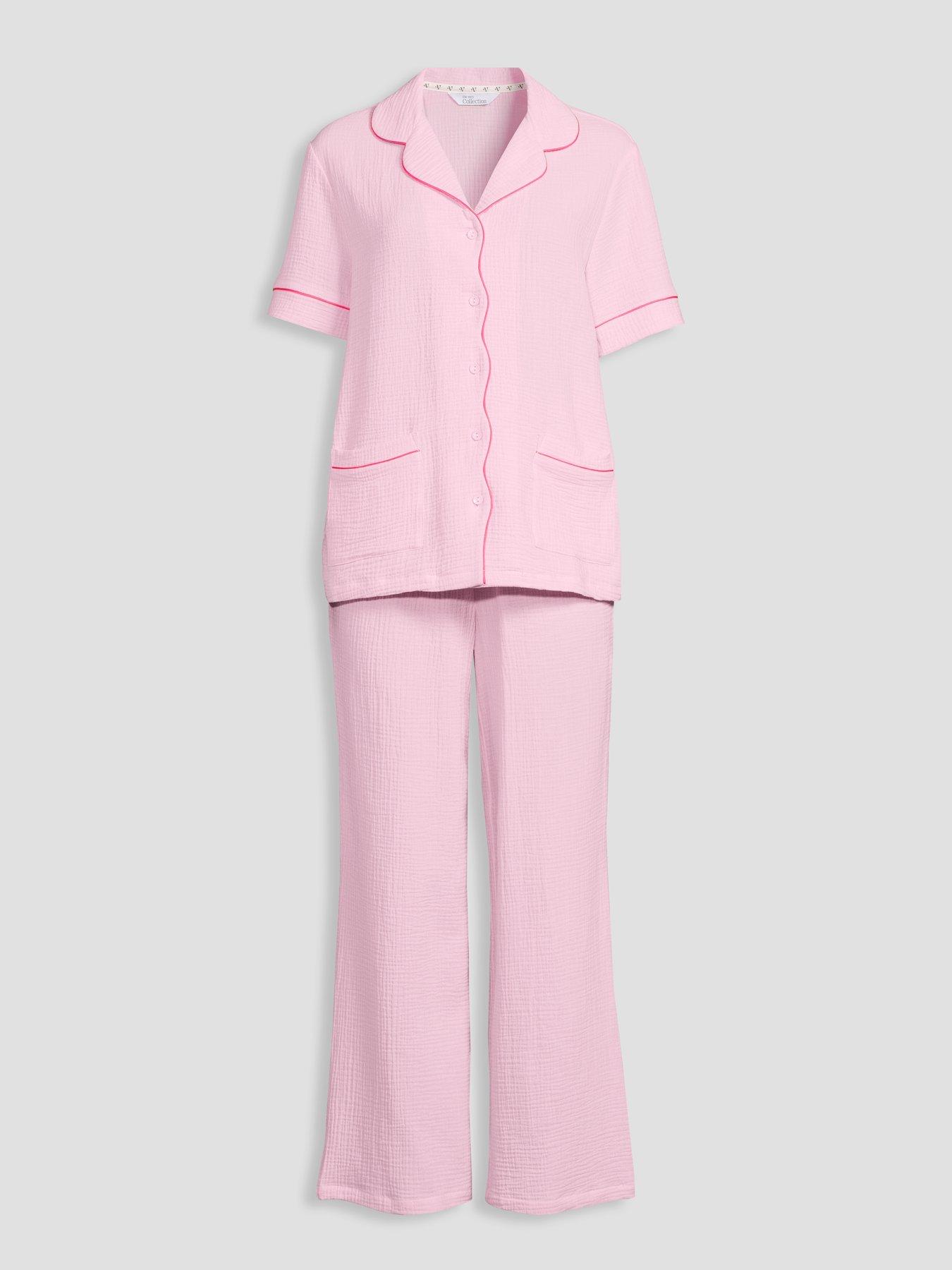 Image 7 of 7 of The Very Collection Woven Scallop Edge Revere Pyjama Set - Pink