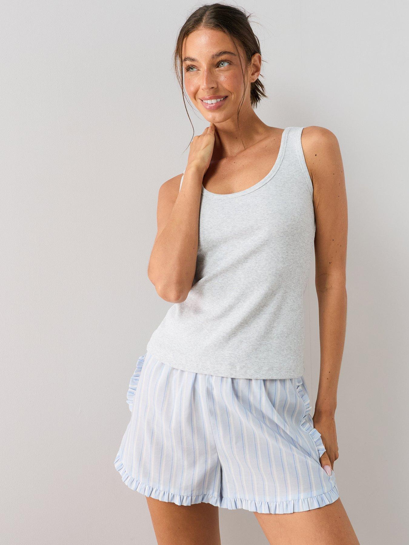 Image 5 of 7 of The Very Collection Ribbed Vest And Woven Short Pyjama Set - Grey