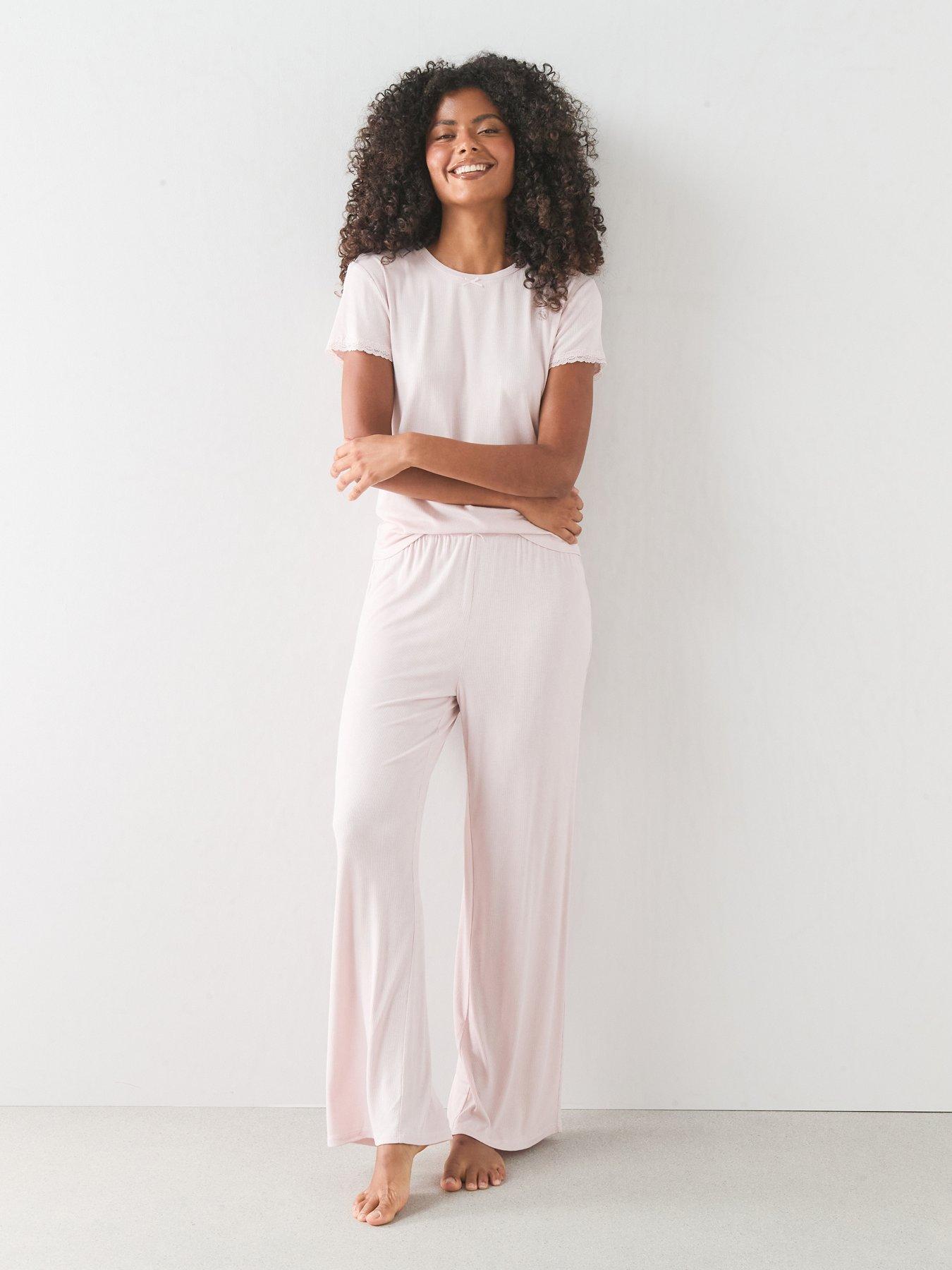 The Very Collection Lace Trim Short Sleeve Top And Wide Leg Pyjama Set - Pink
